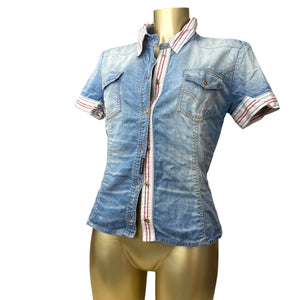 Denim blue tight fit cotton office shirt (S)