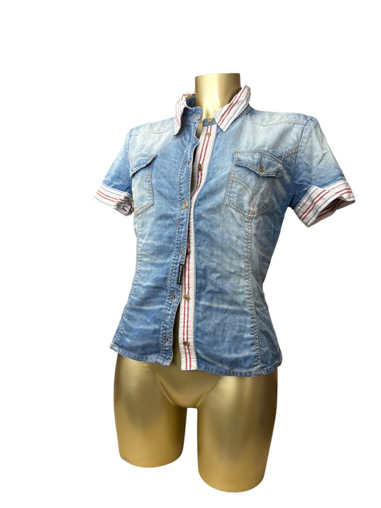 Denim blue tight fit cotton office shirt (S)