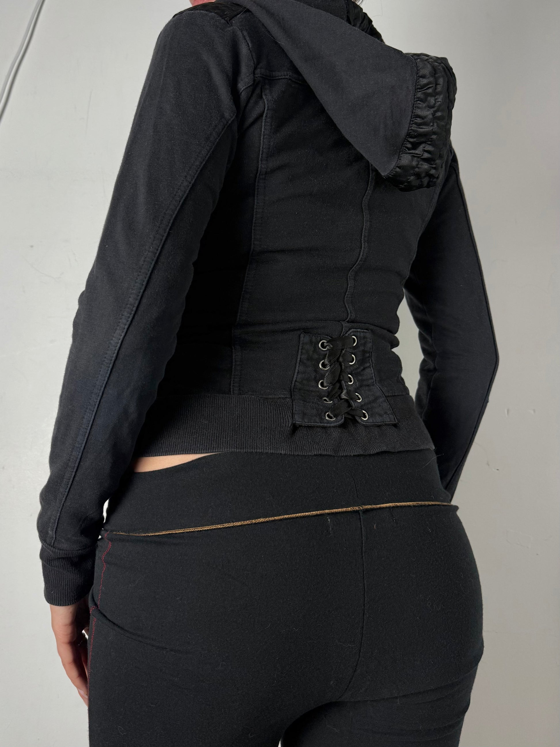 Black lace up tight fit zip up hoodie (XS)