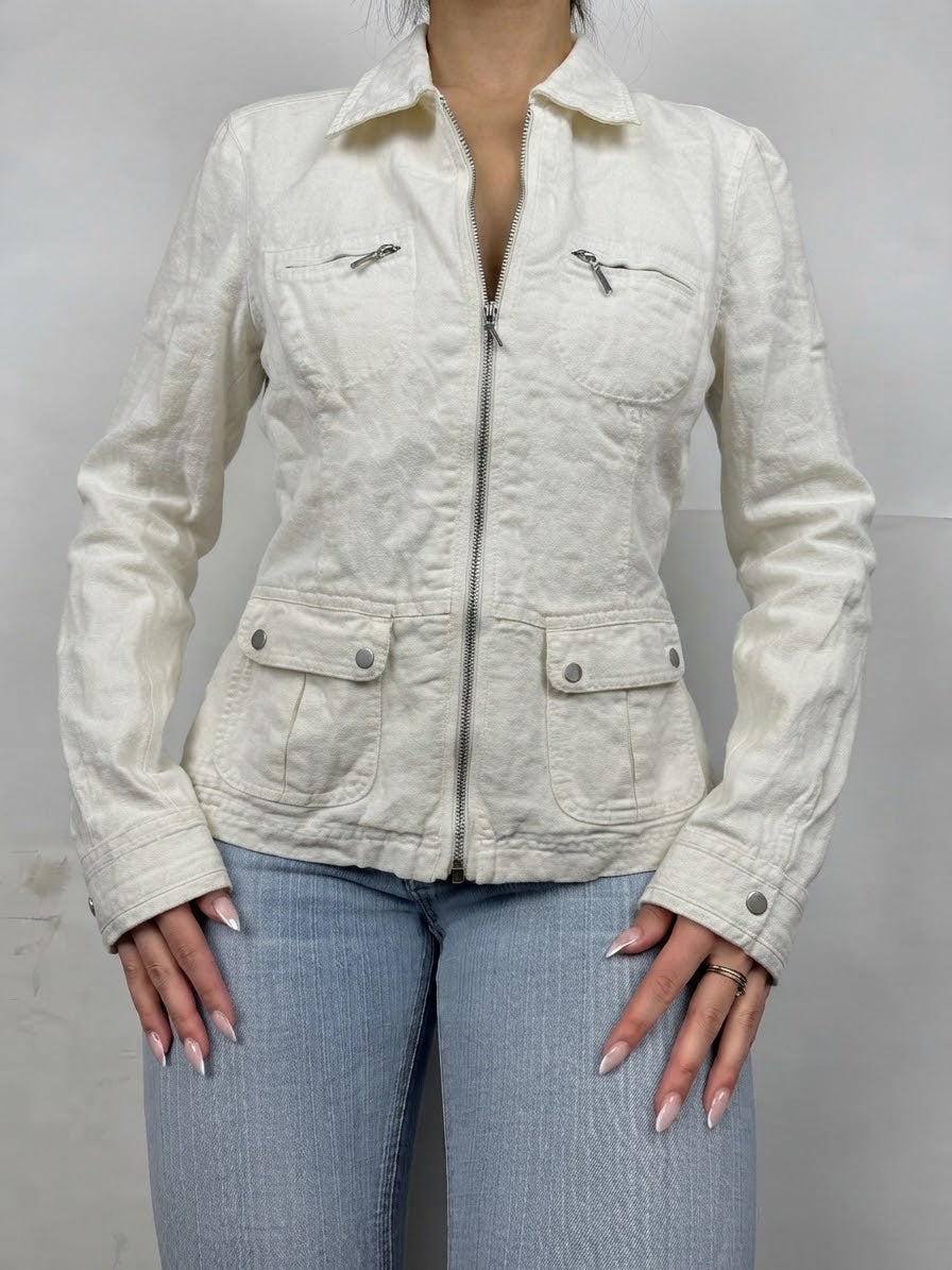 Veste de bureau cintrée à fermeture éclair en lin blanc (S)