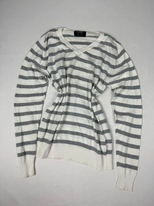 White & grey striped super soft V neck jumper (S/M)
