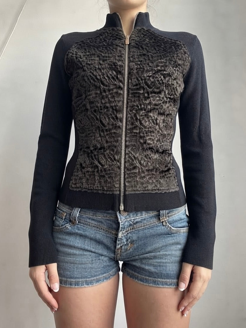 Black golden velvet zip up tight fit jacket (S)