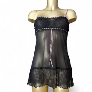 Black tie up mesh & pink bow babydoll cami top (M)