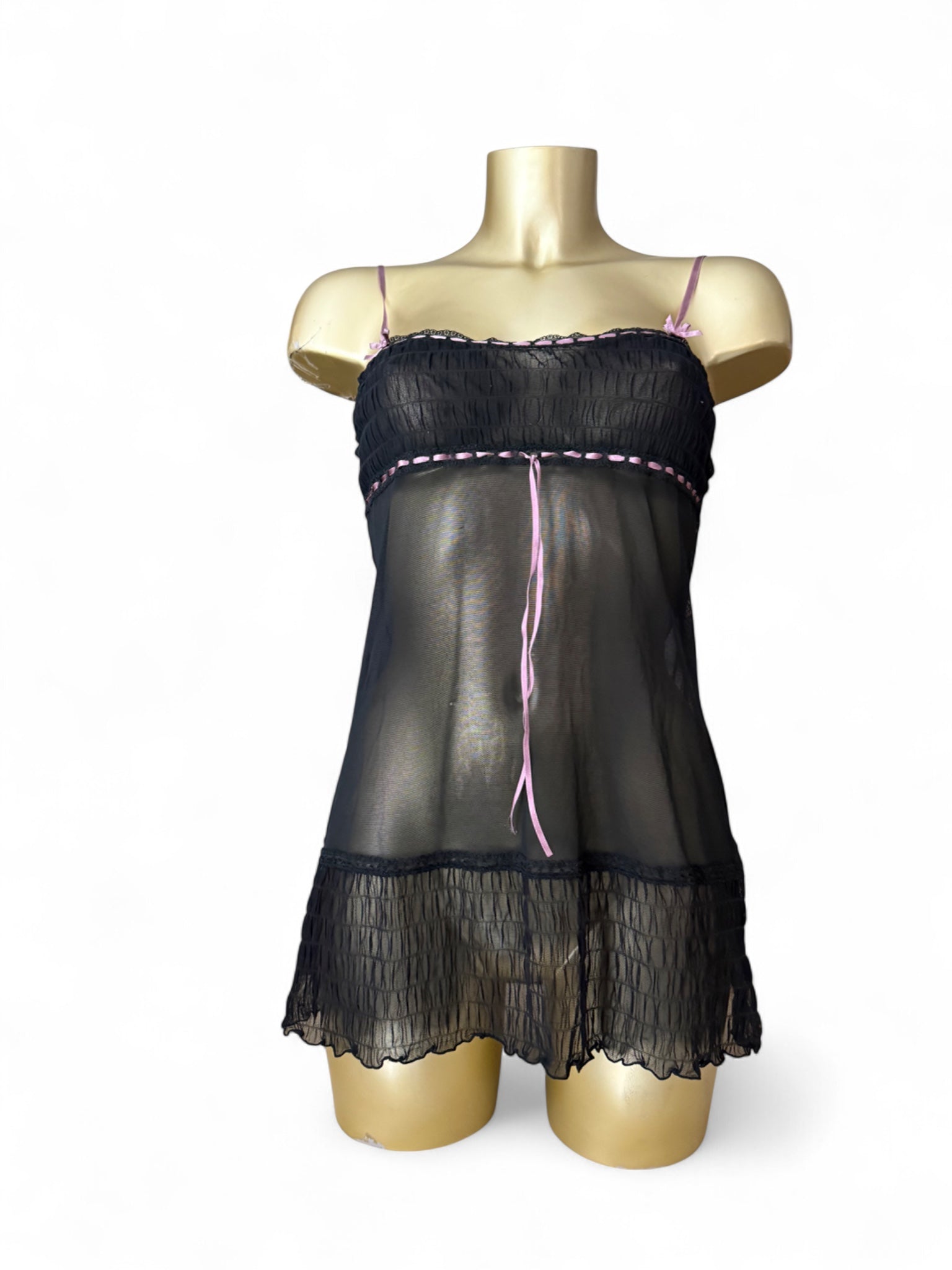 Black tie up mesh & pink bow babydoll cami top (M)