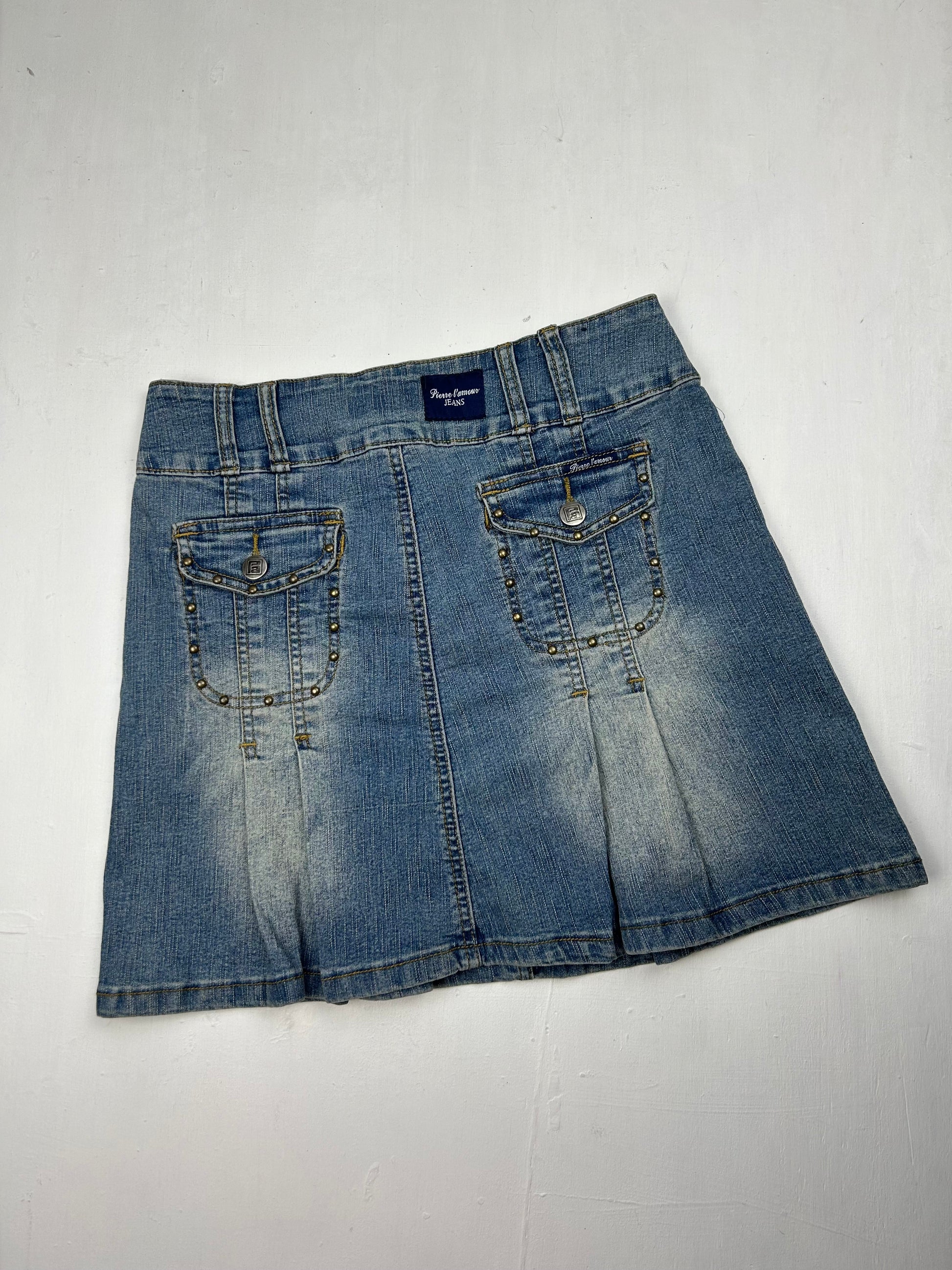 Blue denim low rise pleated mini skirt (S/M)