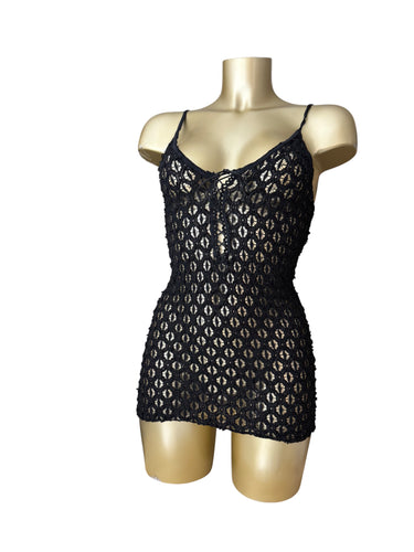 Black stretchy crochet babydoll mini dress (S/M)