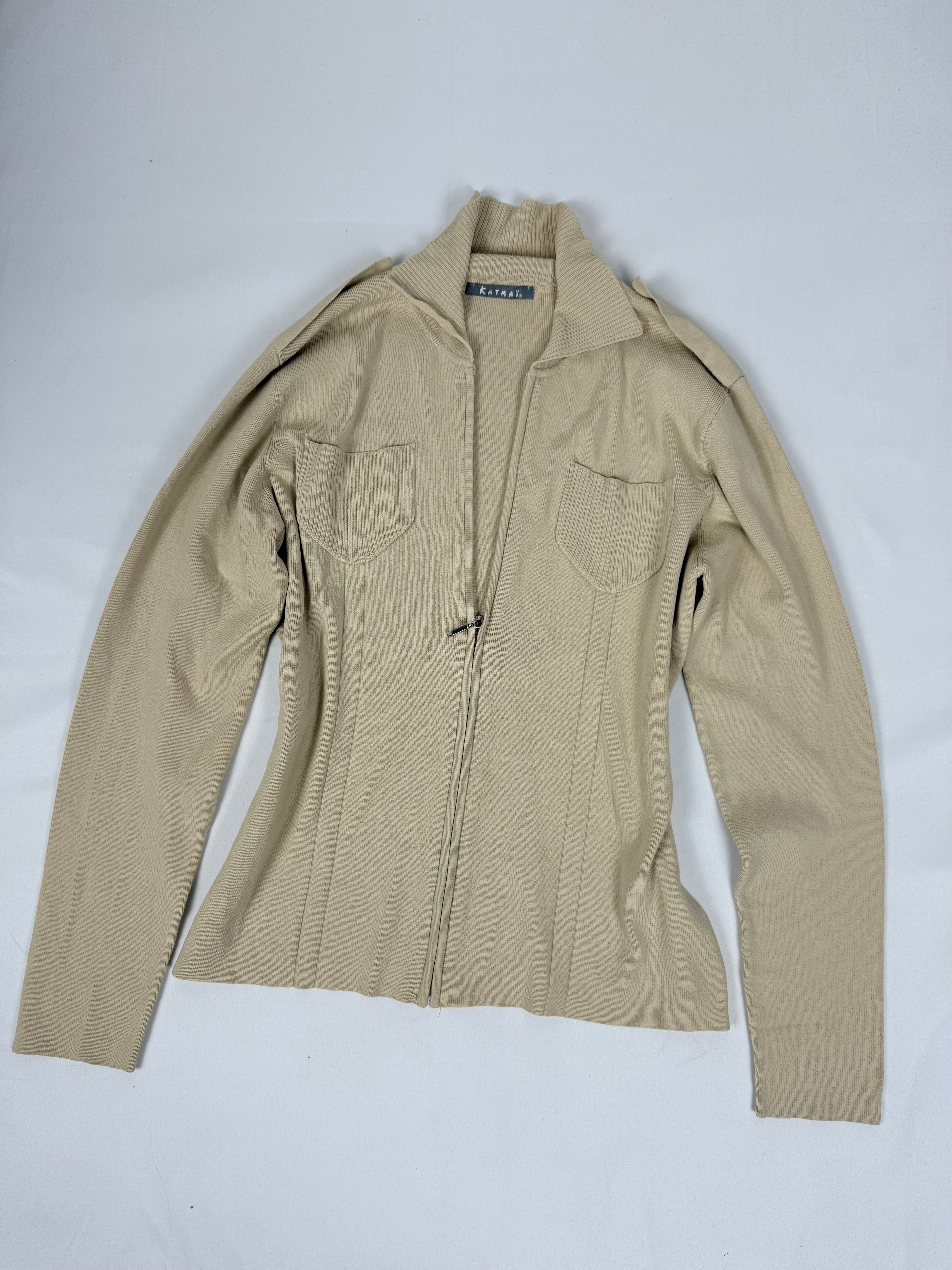 Beige zip up stretchy knit jacket (L)