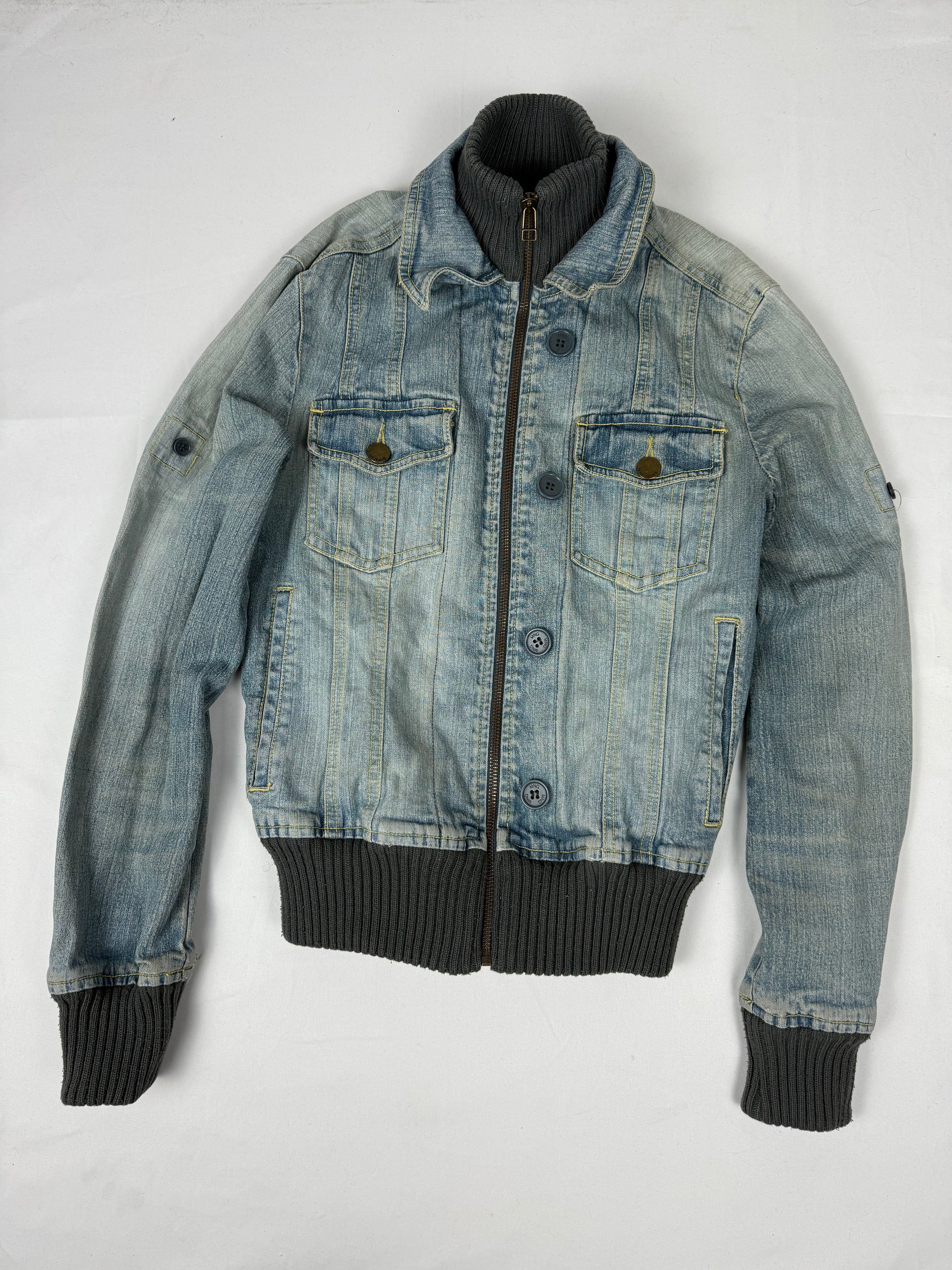 Blue denim zip up biker jacket (XS)