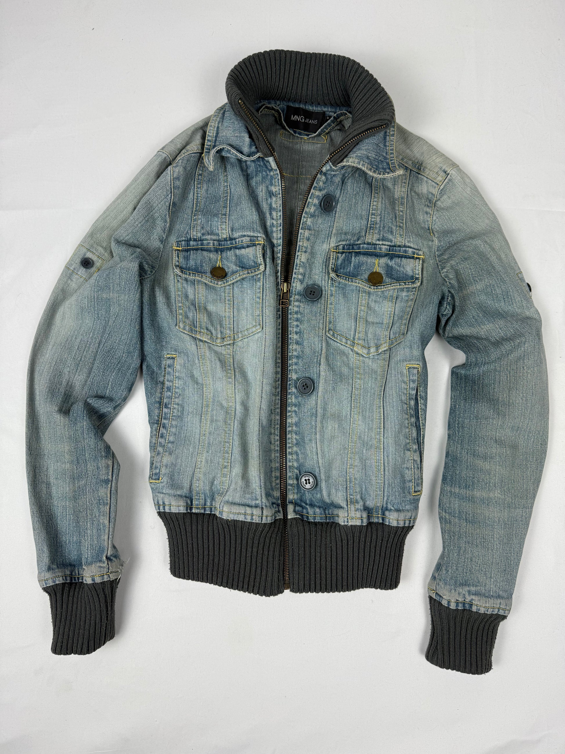 Blue denim zip up biker jacket (XS)