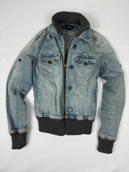 Blue denim zip up biker jacket (XS)