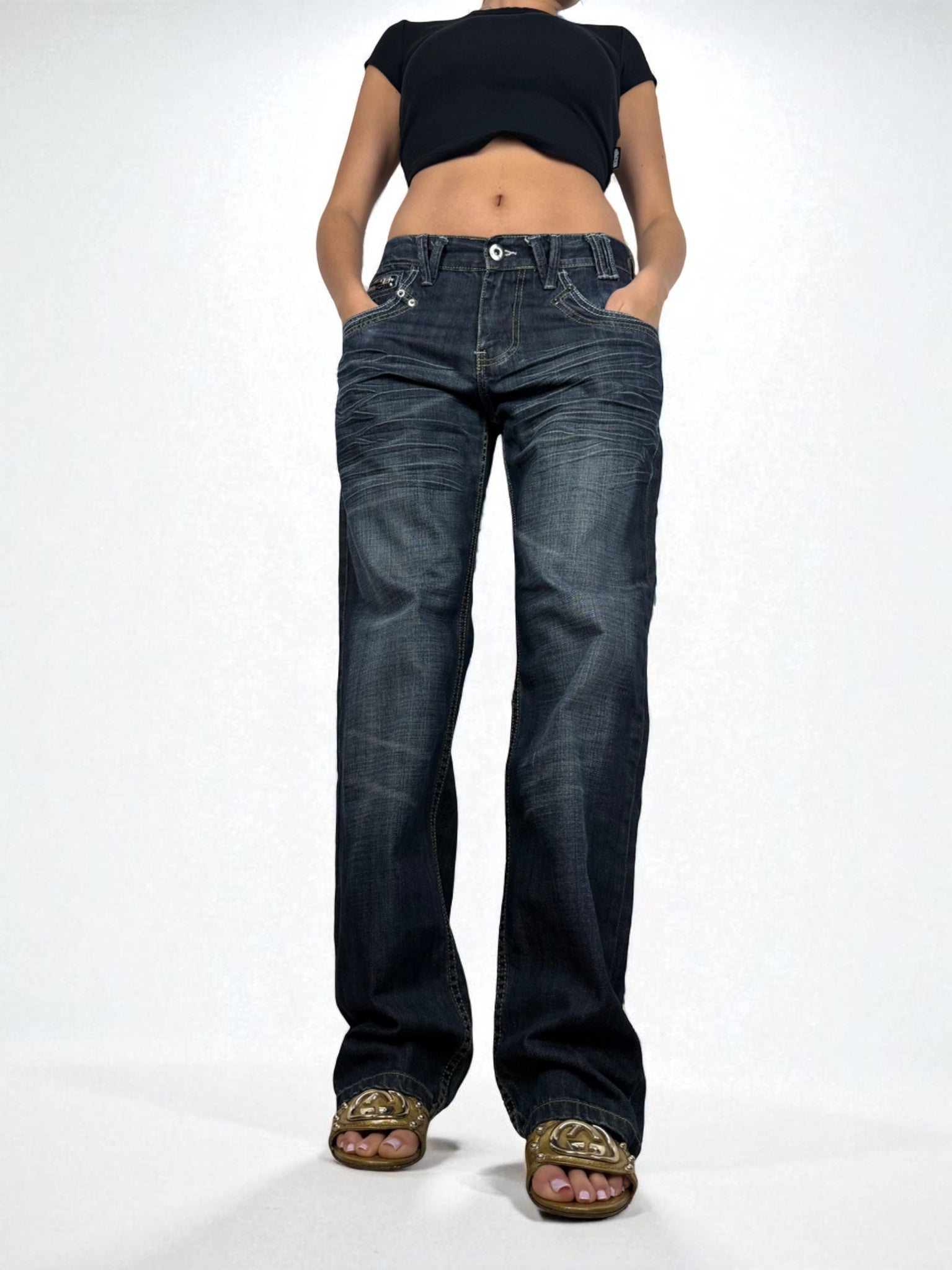Navy denim low rise baggy pants (M/L)