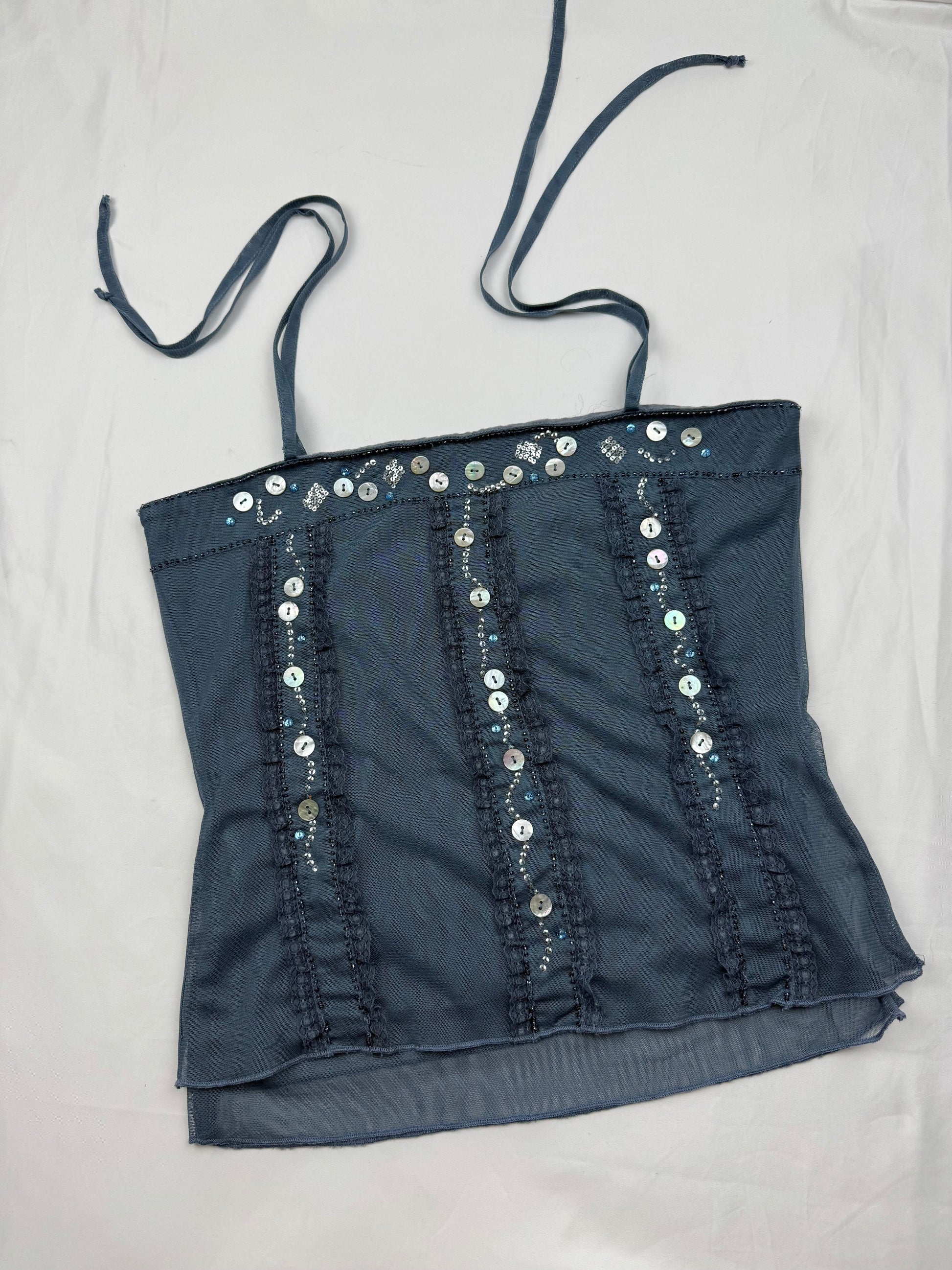 Blue mesh lined sequins tie up cami top (S)
