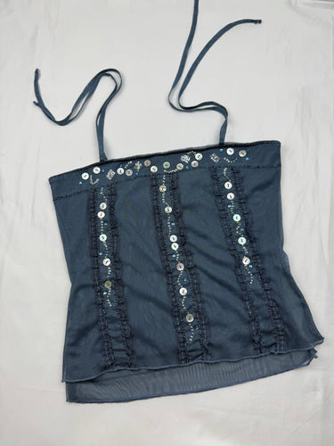 Blue mesh lined sequins tie up cami top (S)