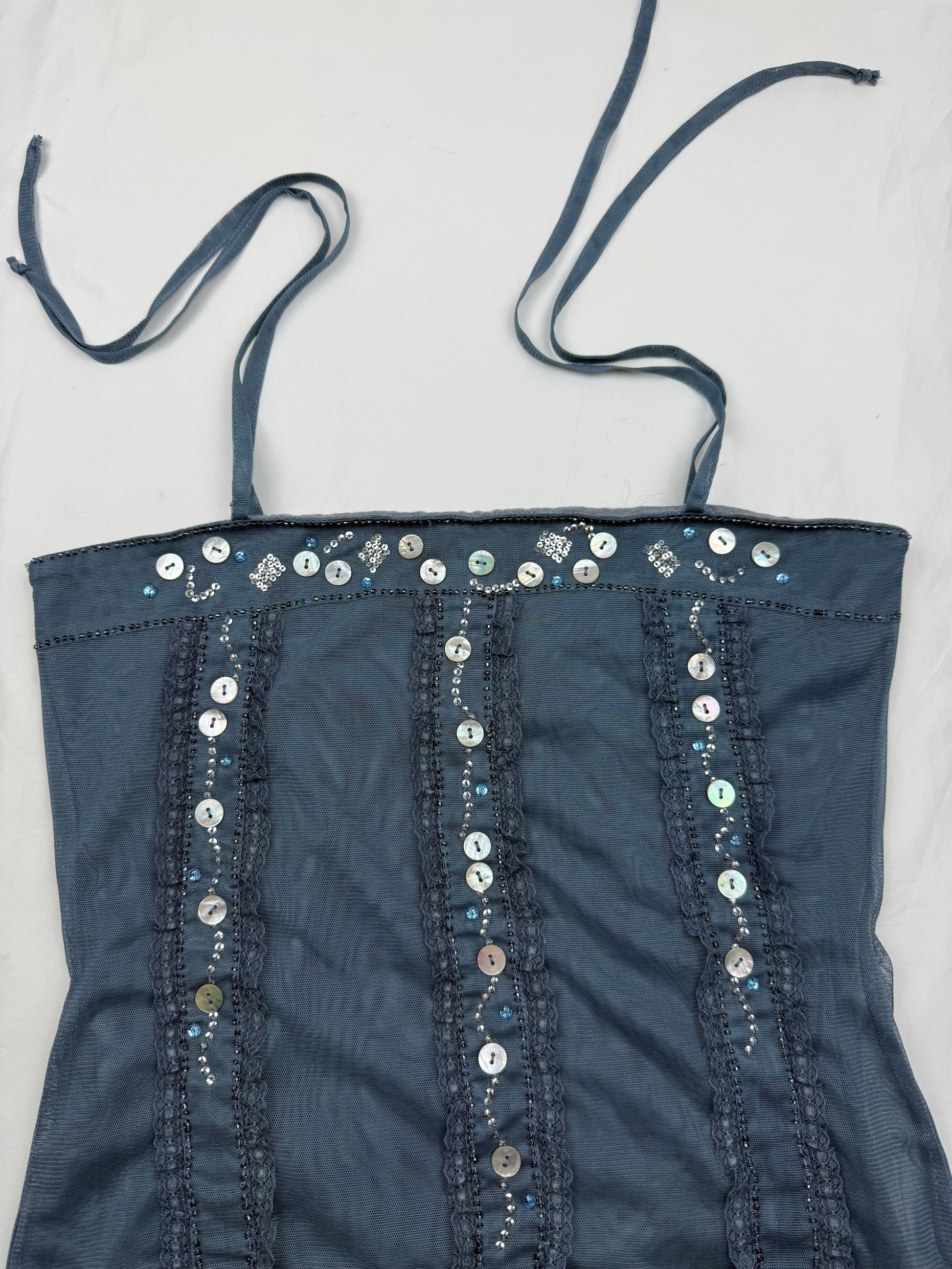 Blue mesh lined sequins tie up cami top (S)
