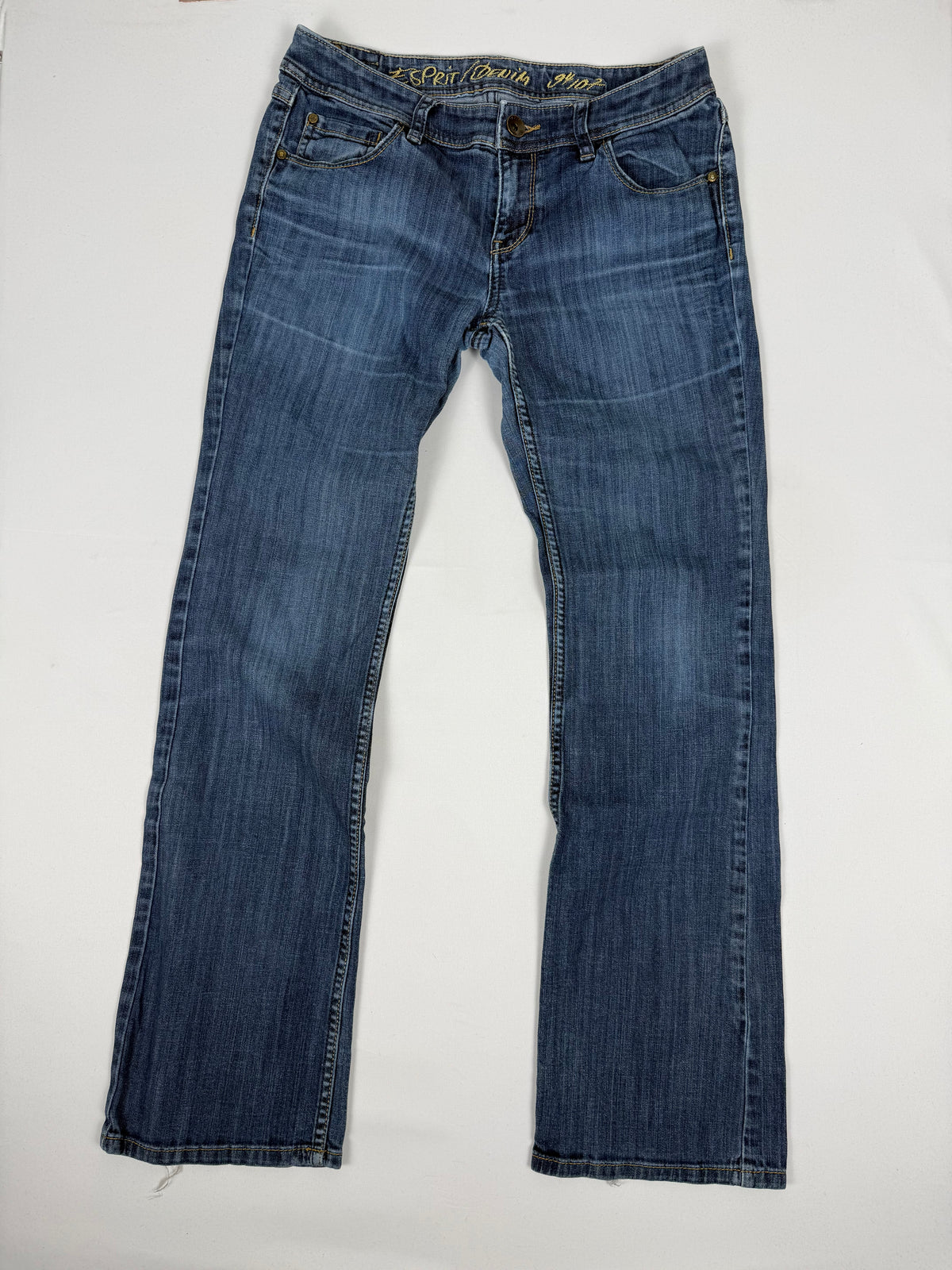 Blue denim low rise flare pants (M)