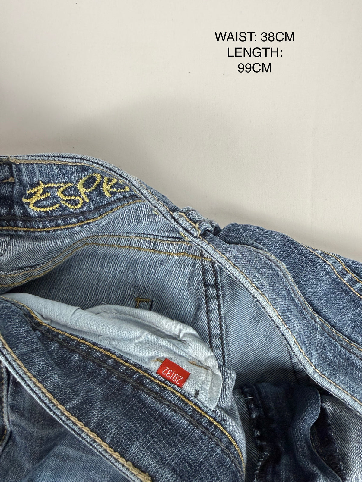 Blue denim low rise flare pants (M)