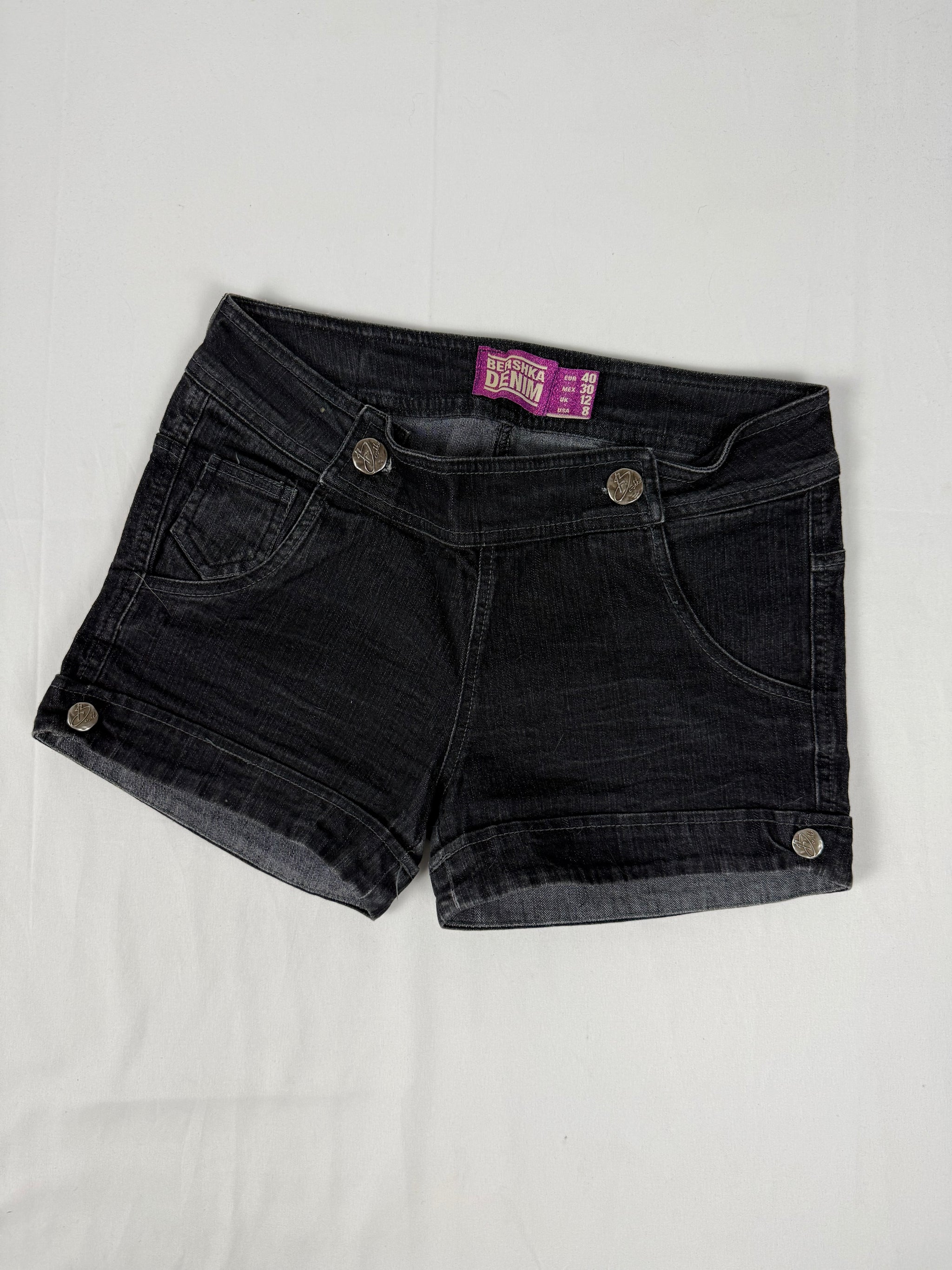 Black low rise denim mini short (L)