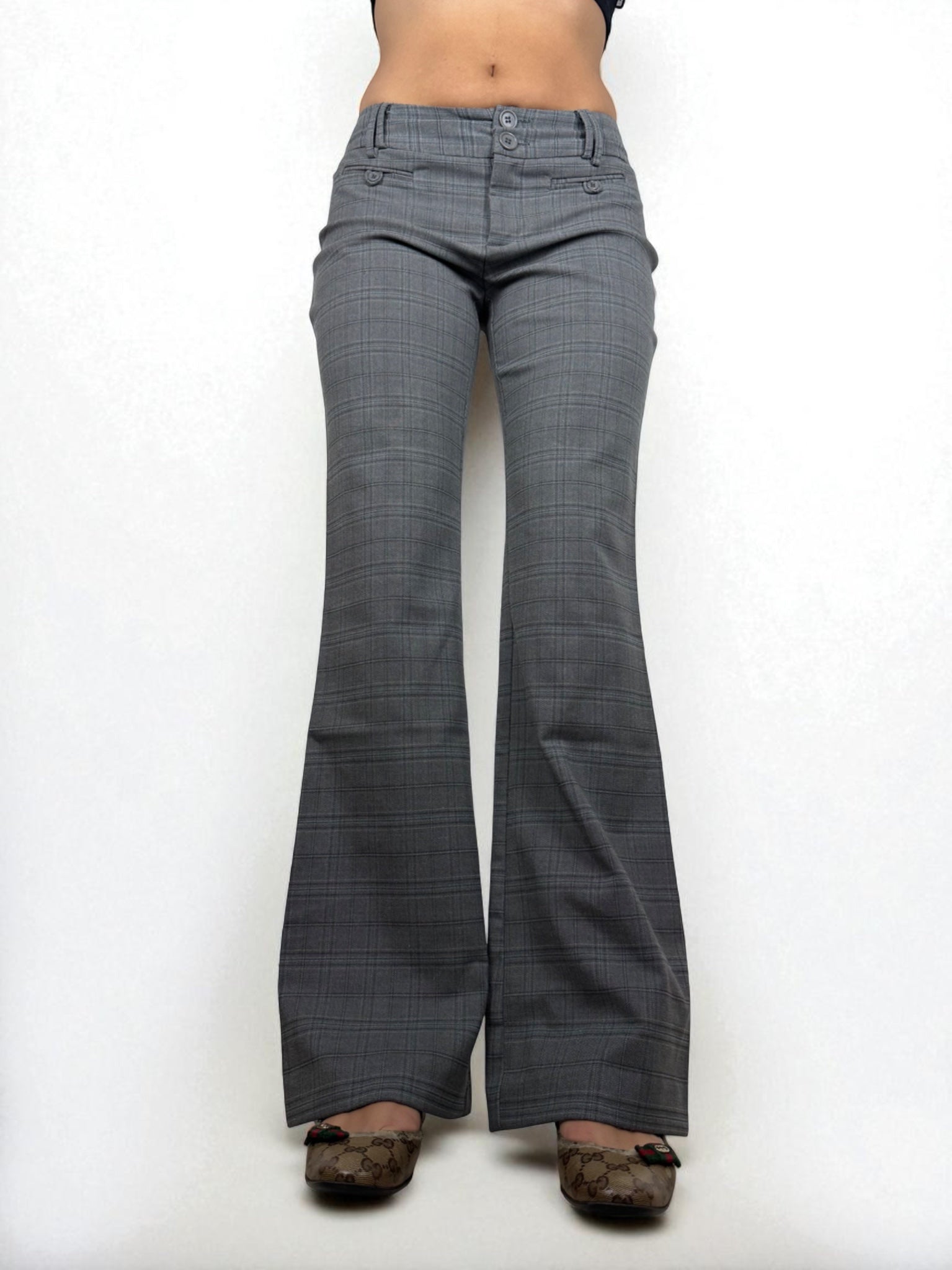 Grey check print low waist office flare pants (S/M)