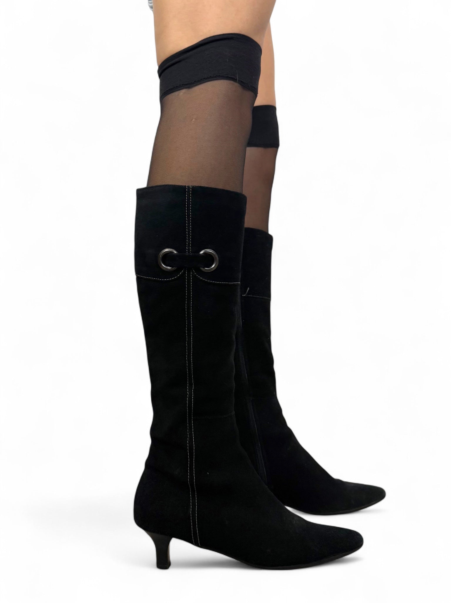 Black suede pointed toes kitten heels boots (40)