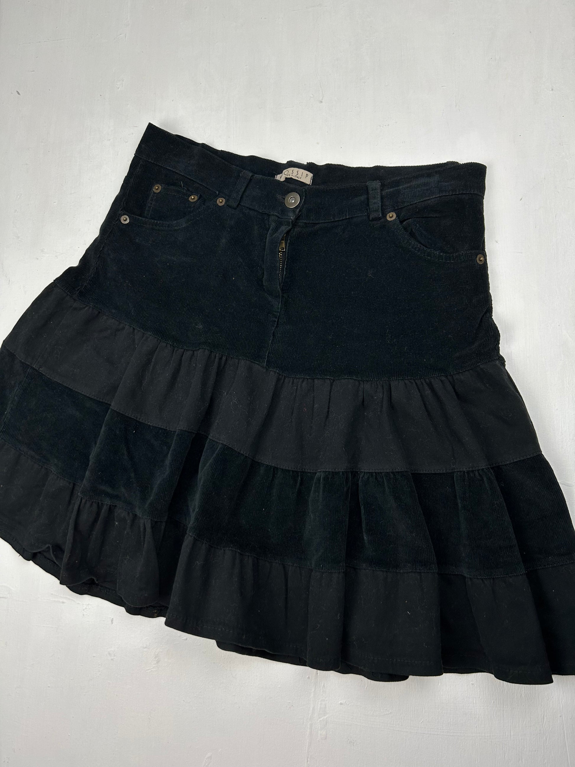Black ribbed velvet denim pleated mid skirt (S/M)