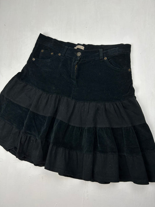 Black ribbed velvet denim pleated mid skirt (S/M)