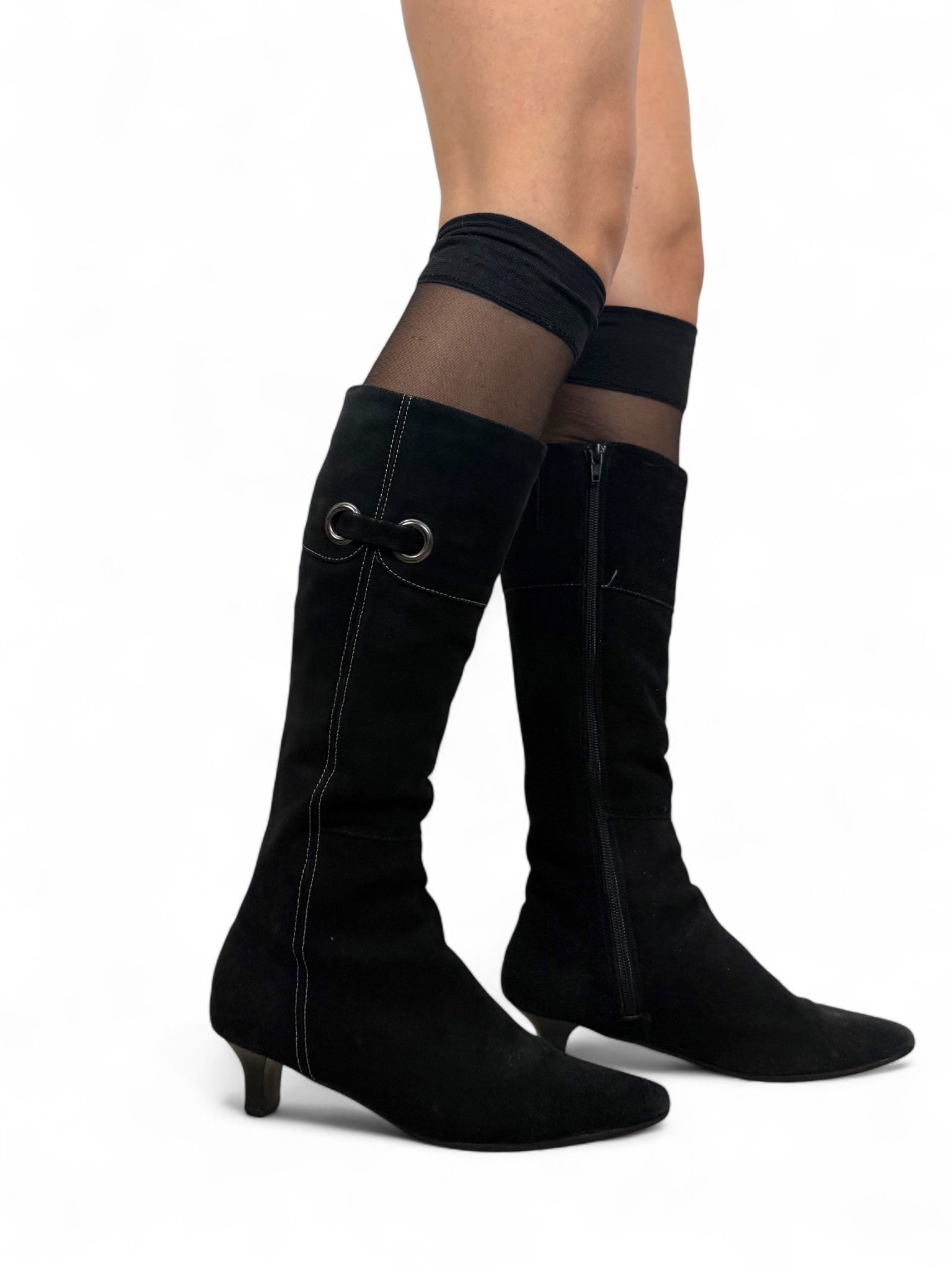 Black suede pointed toes kitten heels boots (40)