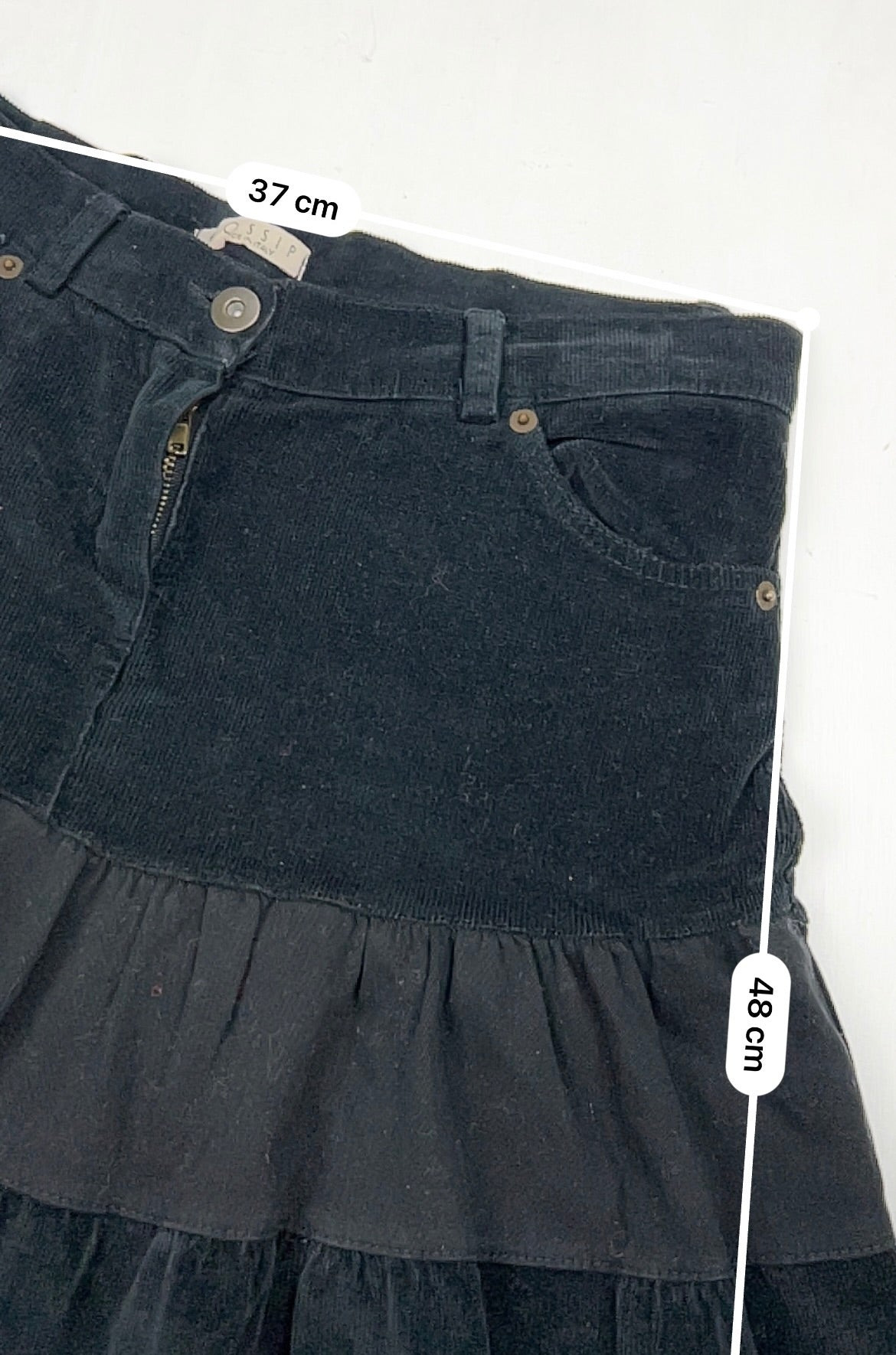 Black ribbed velvet denim pleated mid skirt (S/M)