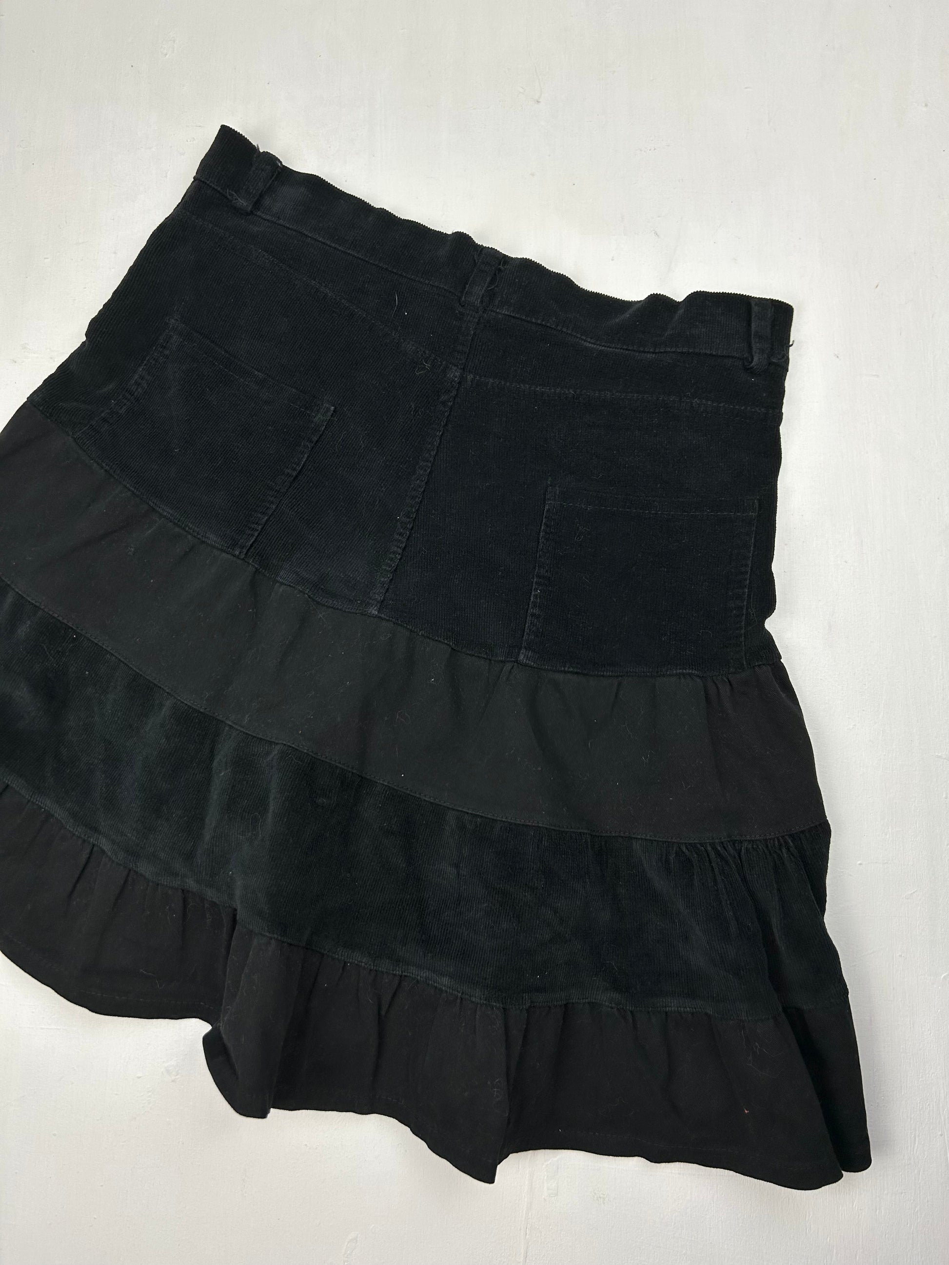 Black ribbed velvet denim pleated mid skirt (S/M)