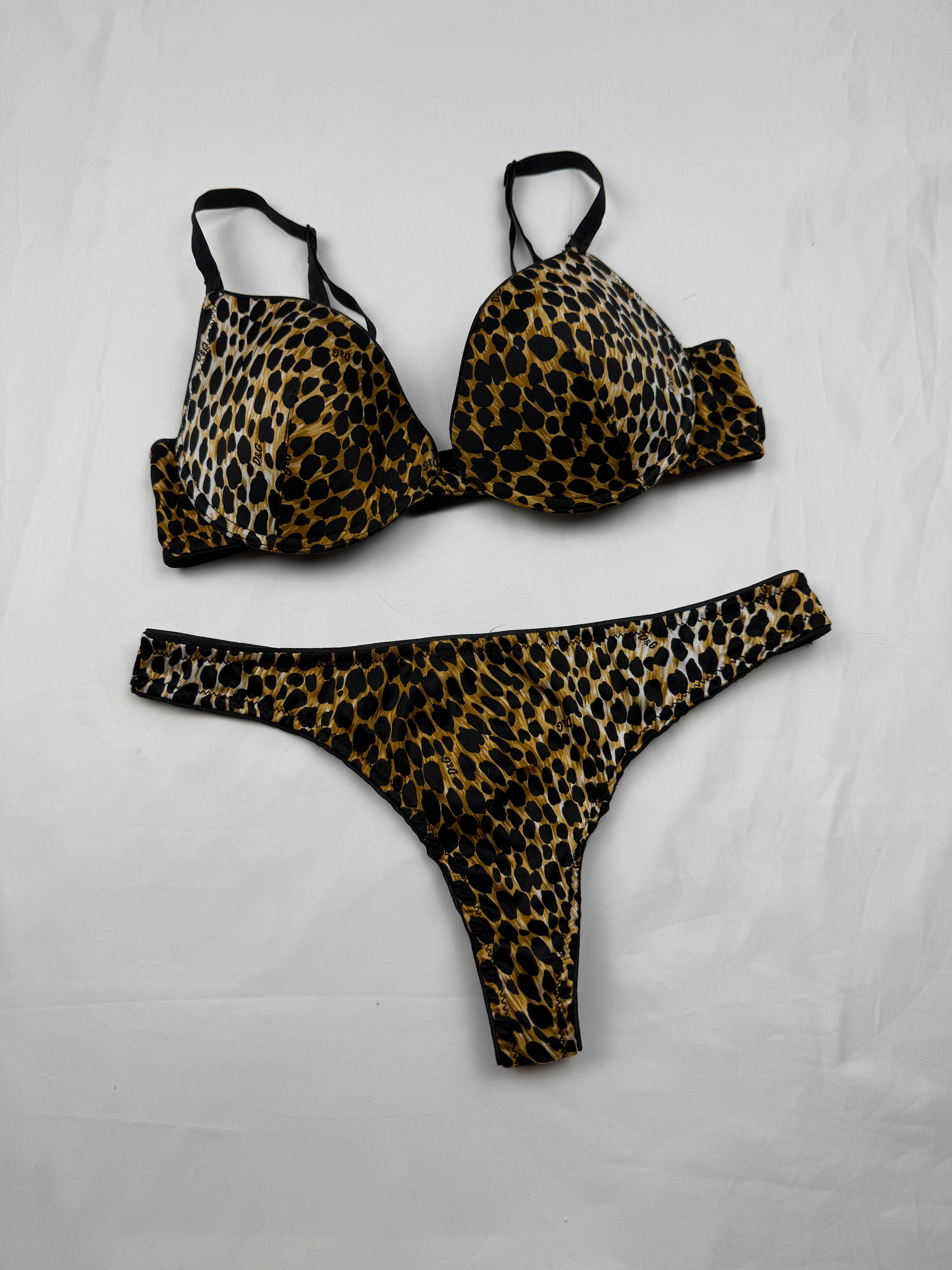 Beige animal print silky underwear set bra + thong FR 90C (S)
