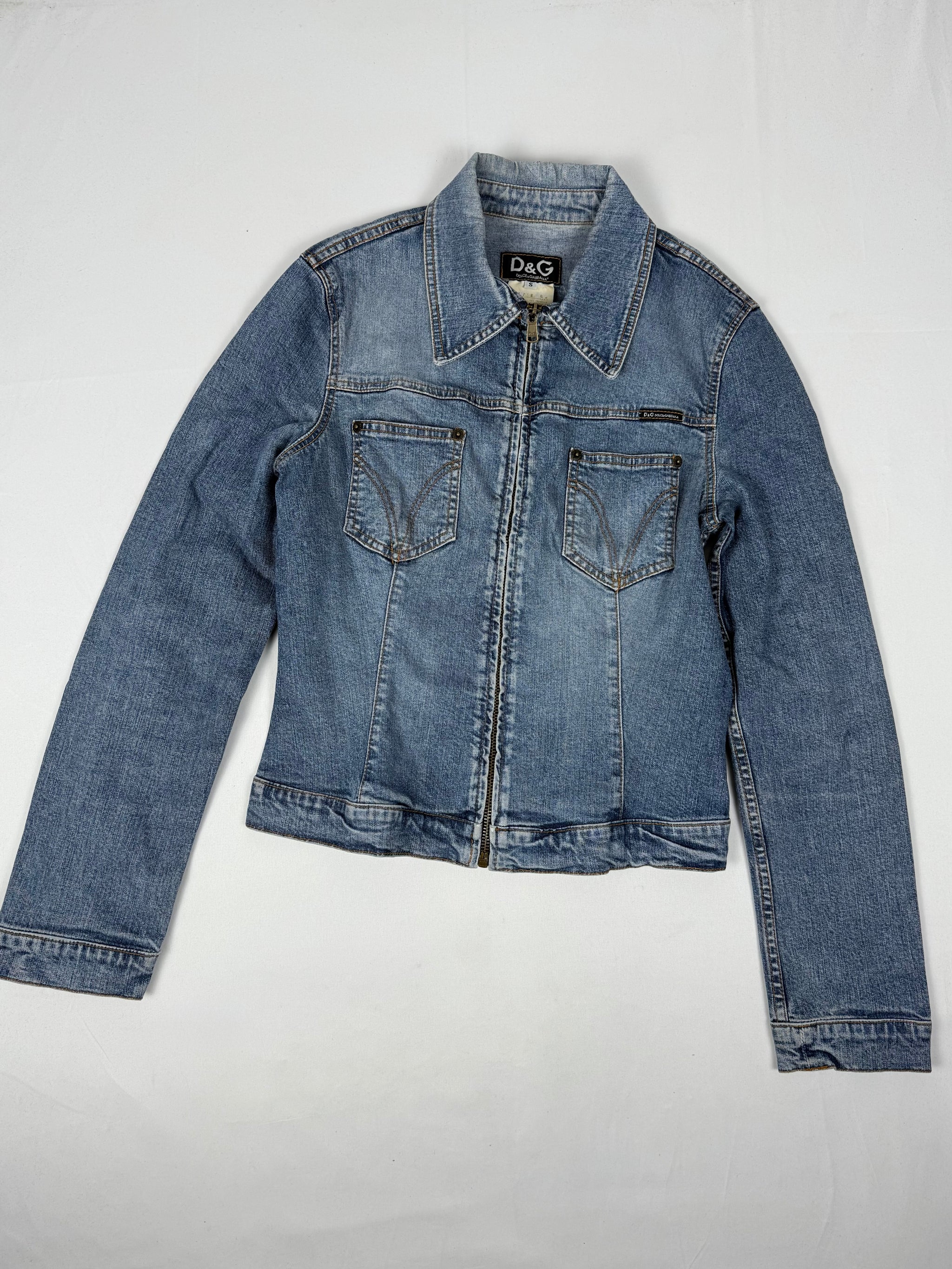 Blue denim zip up biker jacket (S)