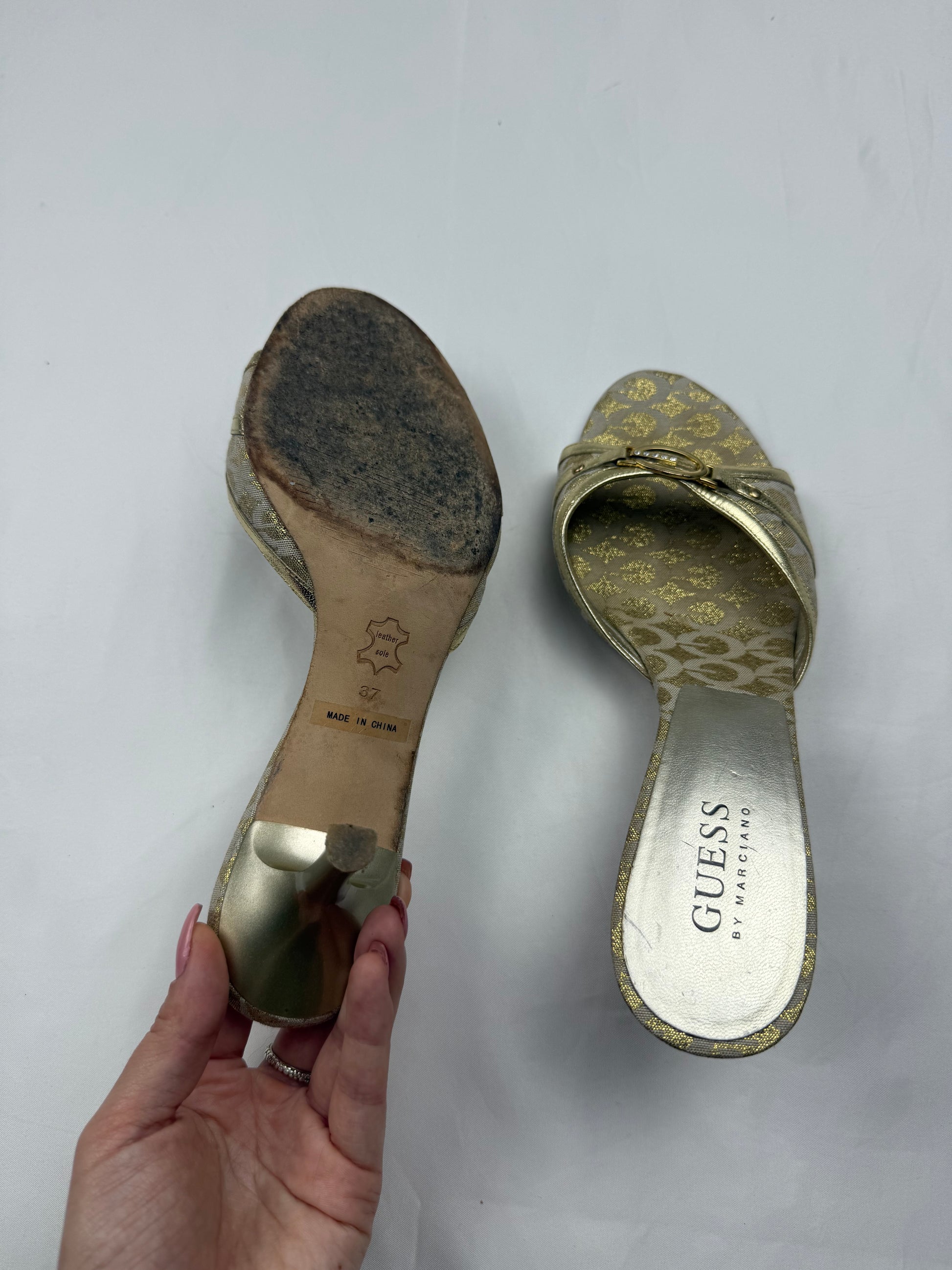 Gold real leather kitten heels mules (37)