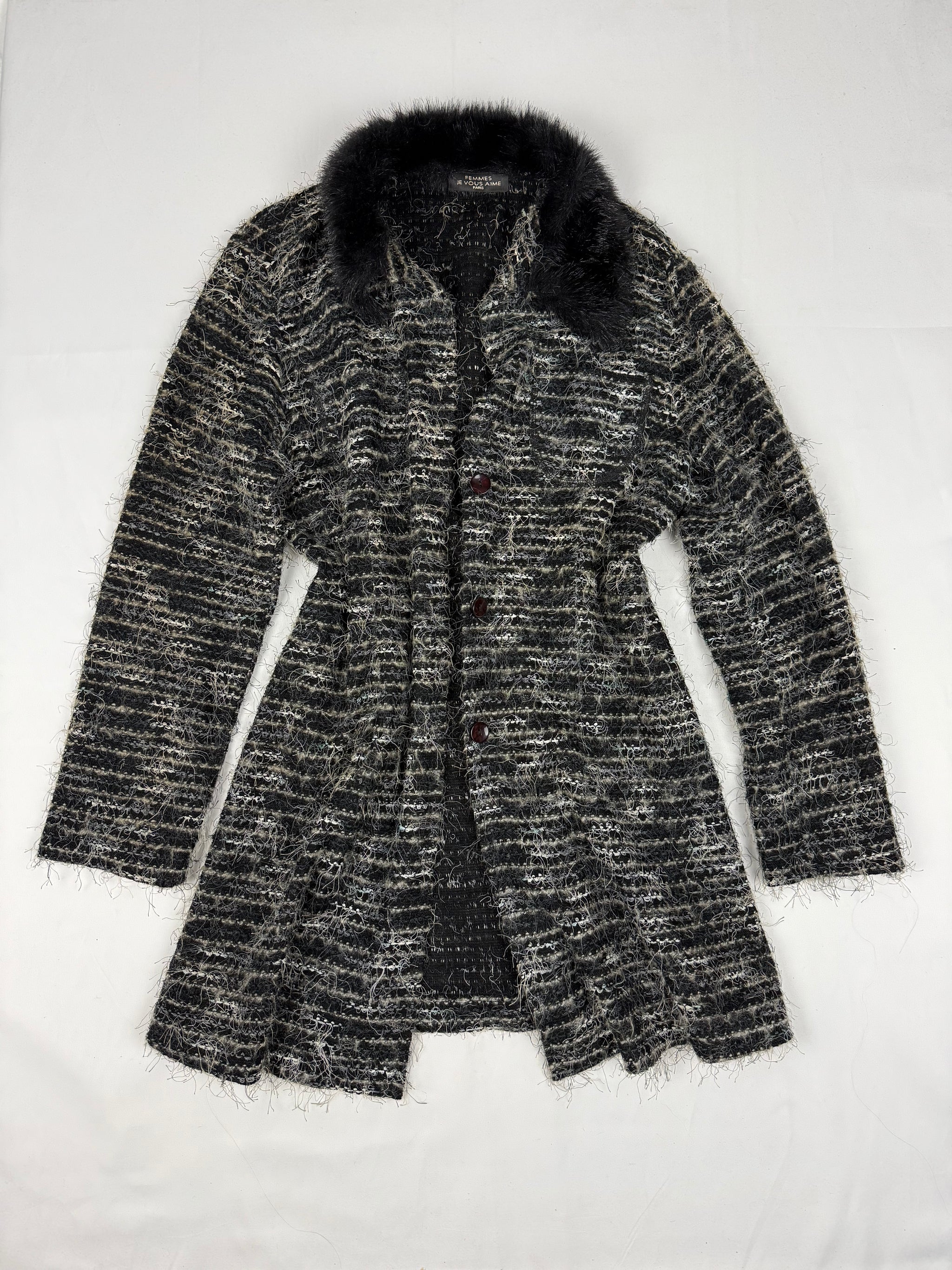 Grey faux fur neck long cardigan (S/M)