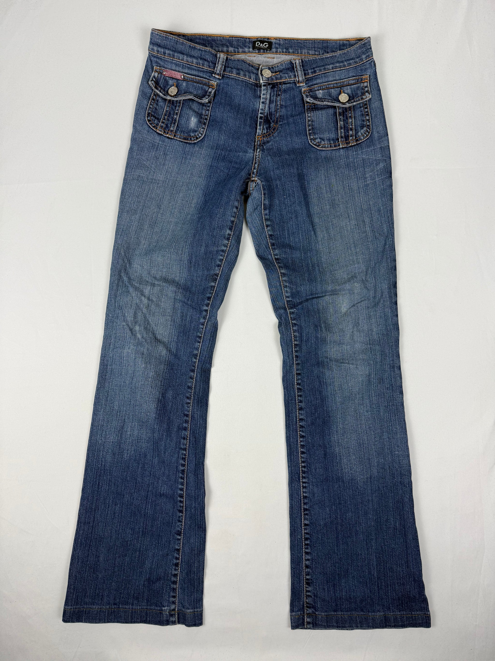 Blue low rise denim flare pants (M)