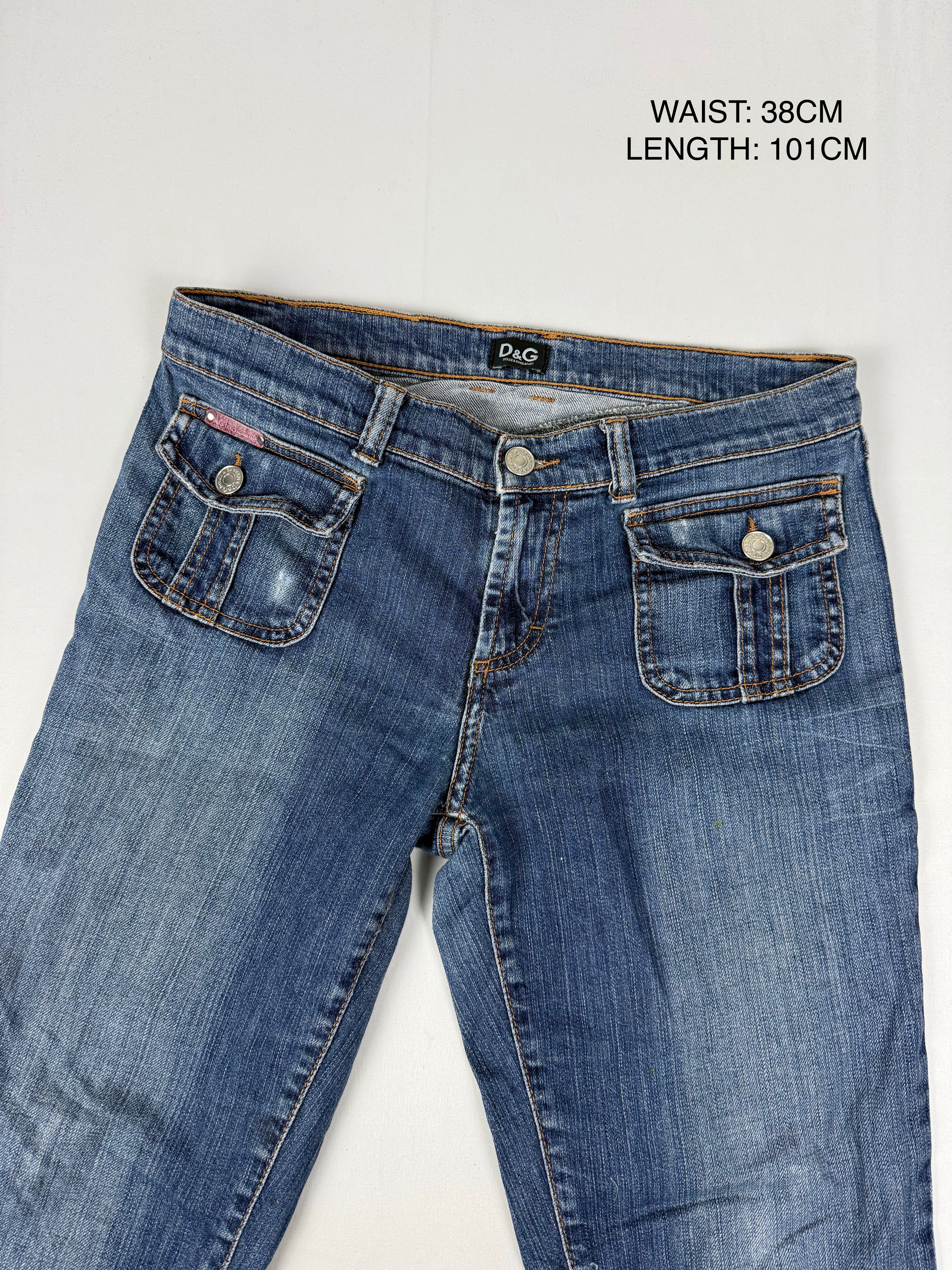 Blue low rise denim flare pants (M)