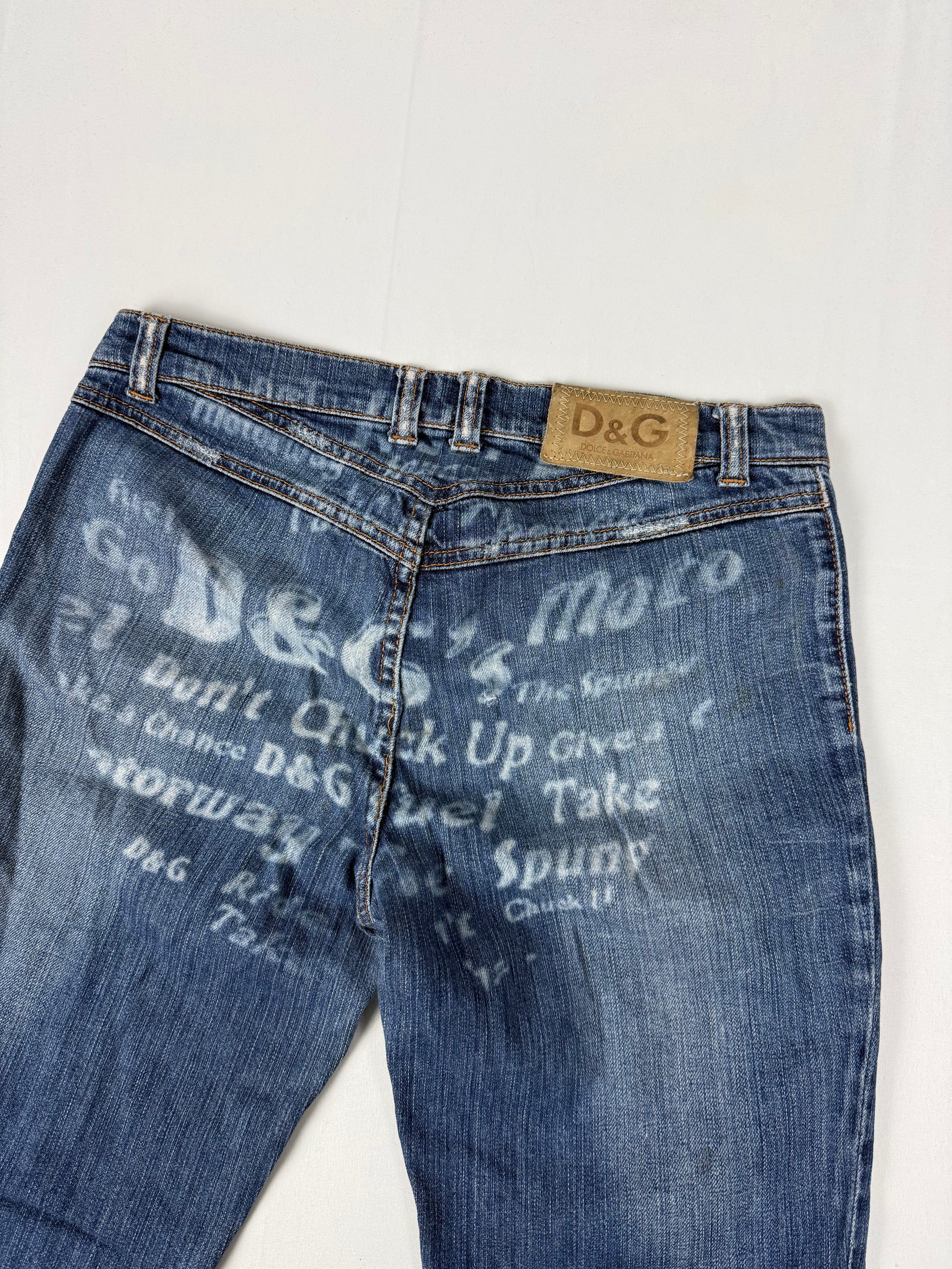 Blue low rise denim flare pants (M)