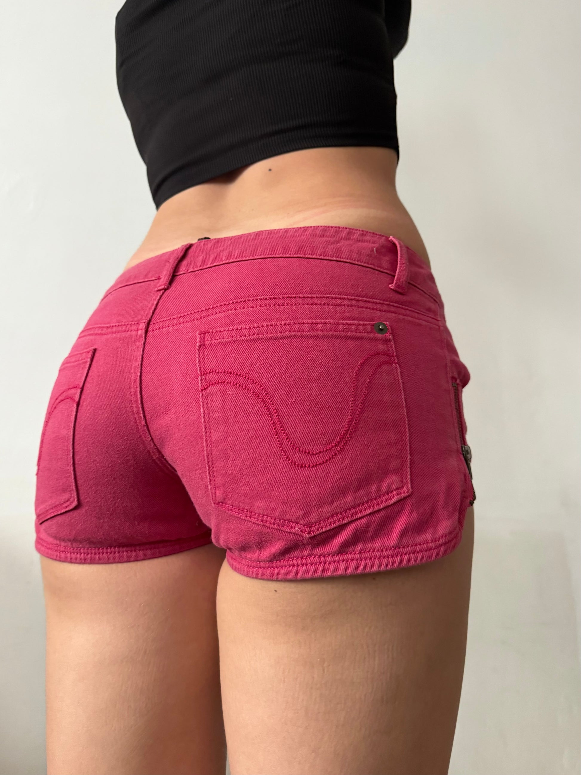 Red denim low rise mini short (S)