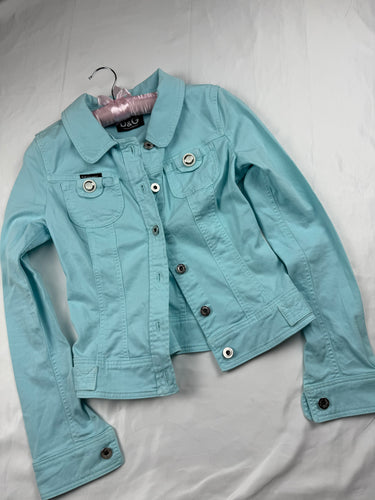 Blue denim zip up tight fit biker jacket (XS)