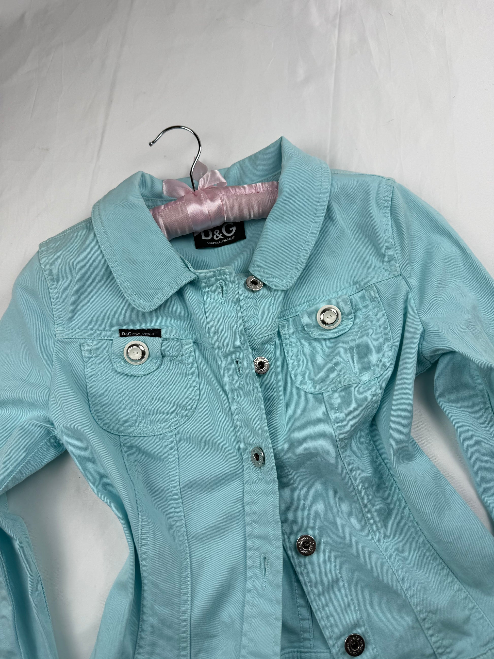 Blue denim zip up tight fit biker jacket (XS)