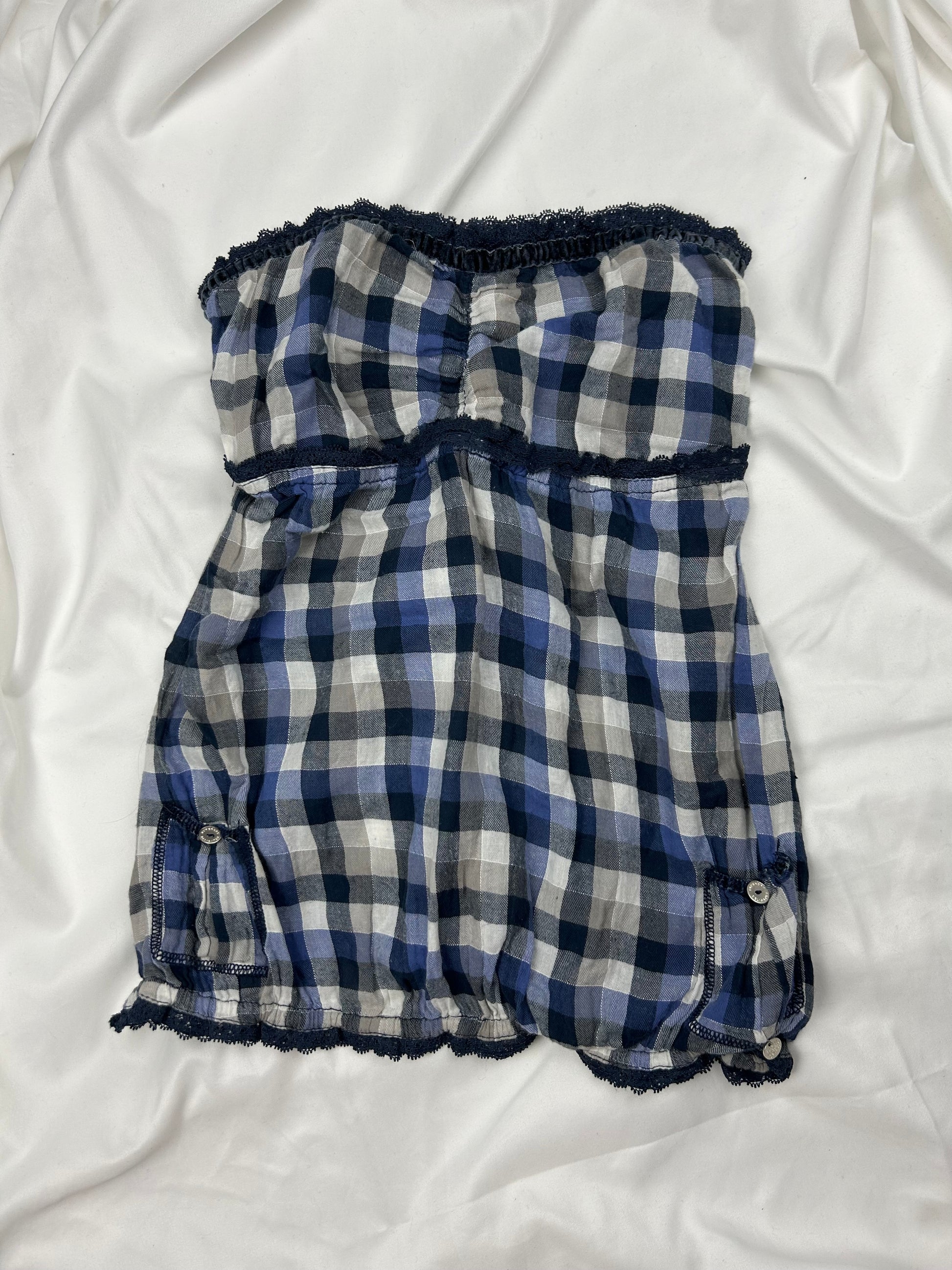 Blue 100% cotton check print bustier top + short set (M)