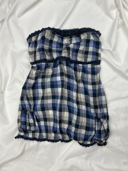 Blue 100% cotton check print bustier top + short set (M)