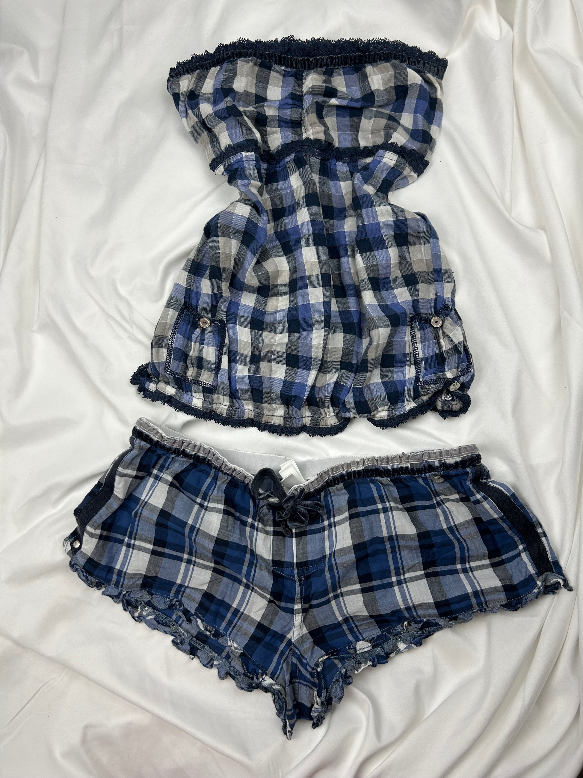 Blue 100% cotton check print bustier top + short set (M)