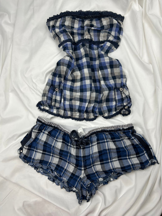 Blue 100% cotton check print bustier top + short set (M)