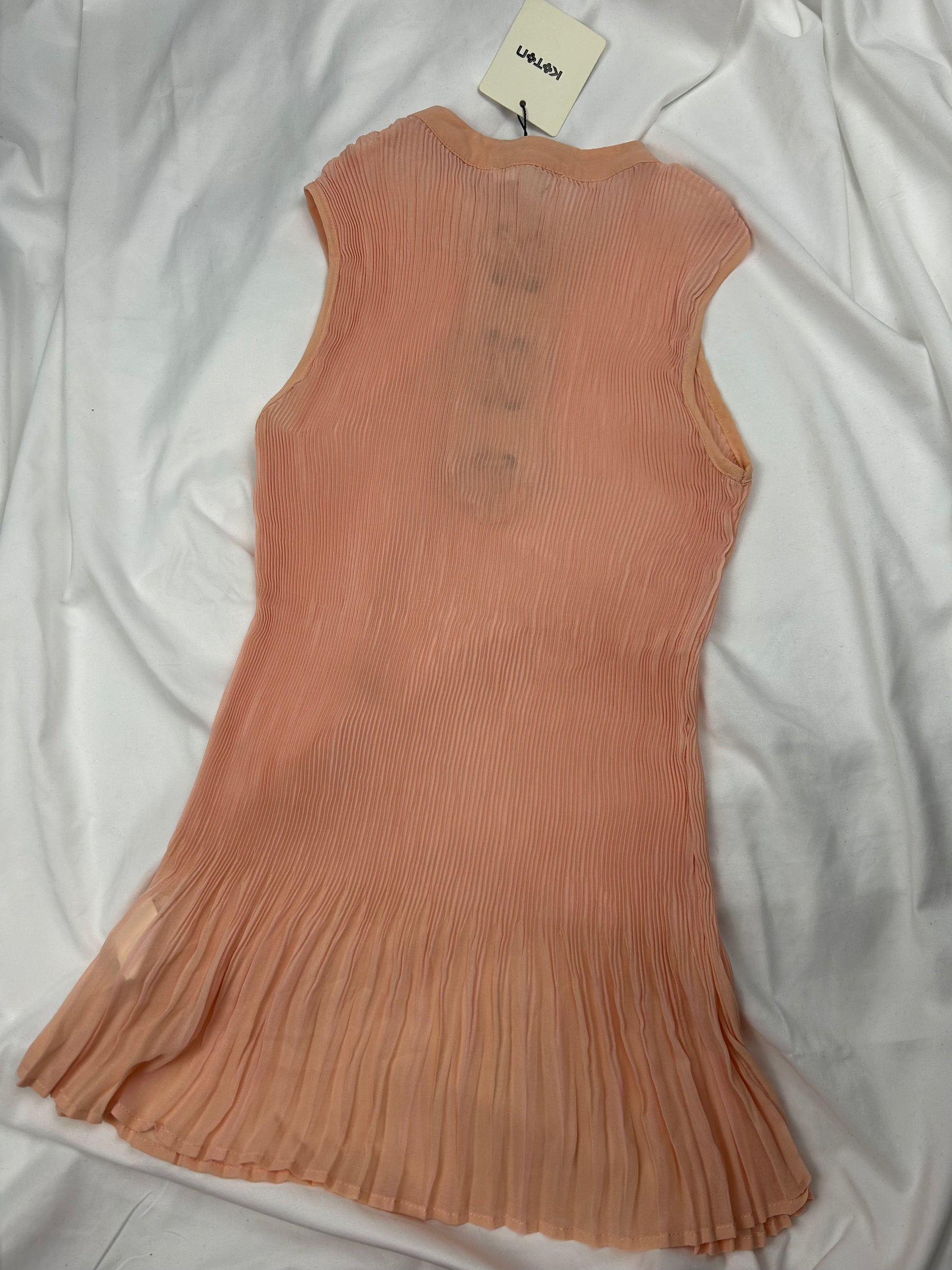 Beige / peach mesh pleated lace up tank top (M)