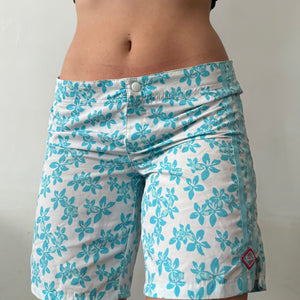 Blue floral print beachwear short (S)