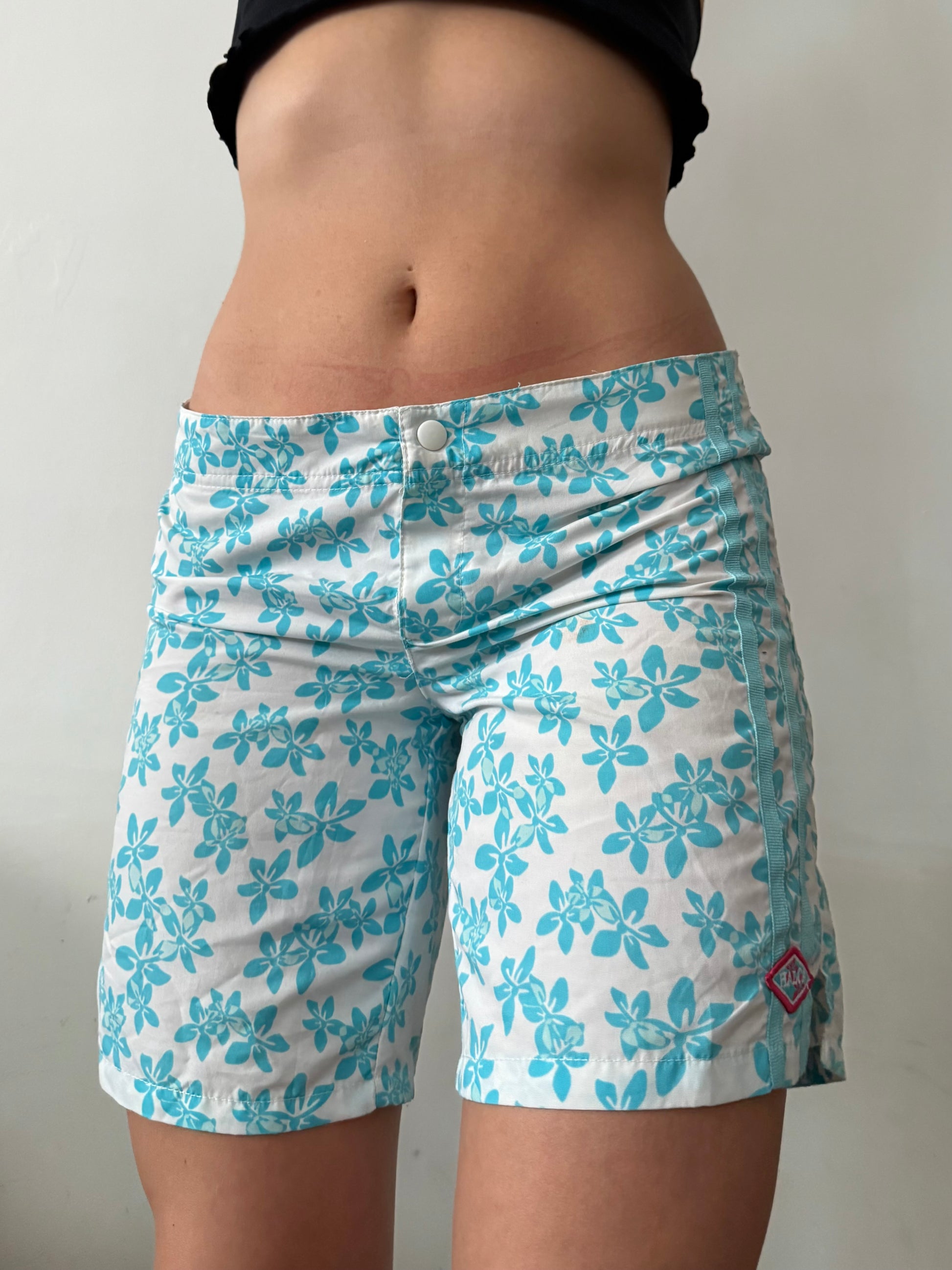 Blue floral print beachwear short (S)