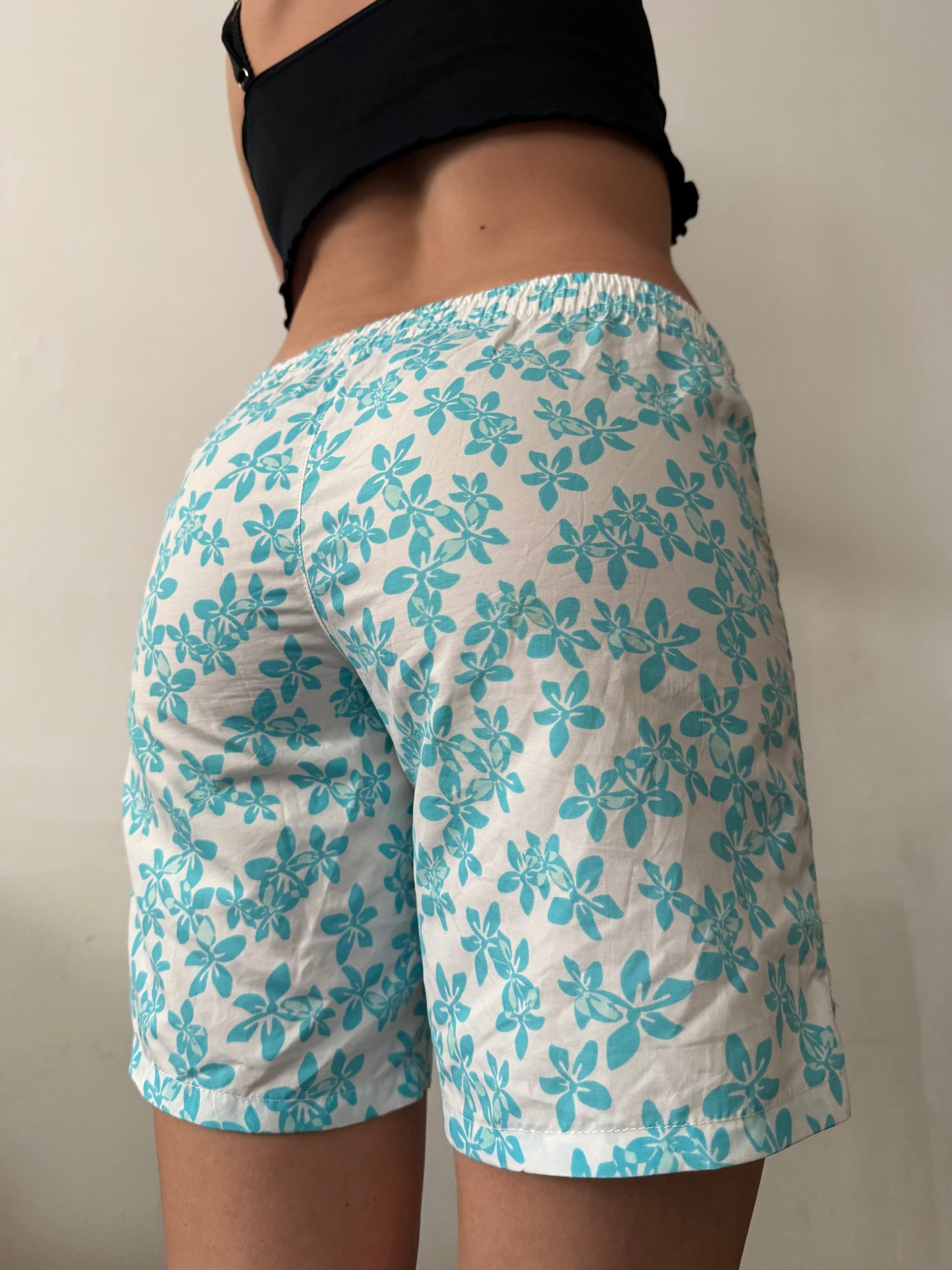 Blue floral print beachwear short (S)