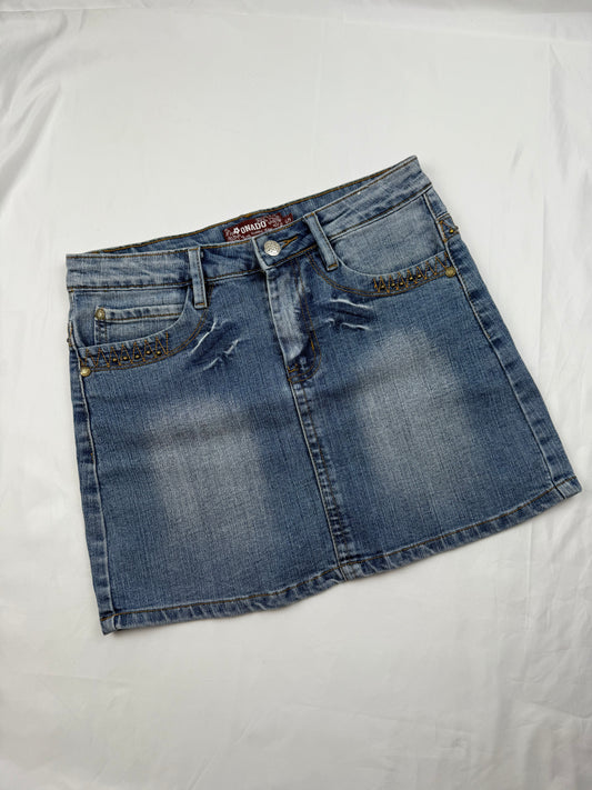 Blue denim low rise mini skirt (S)