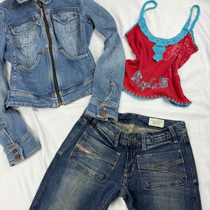 Blue denim zip up tight fit biker jacket (S)
