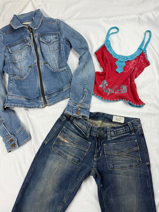 Blue denim zip up tight fit biker jacket (S)