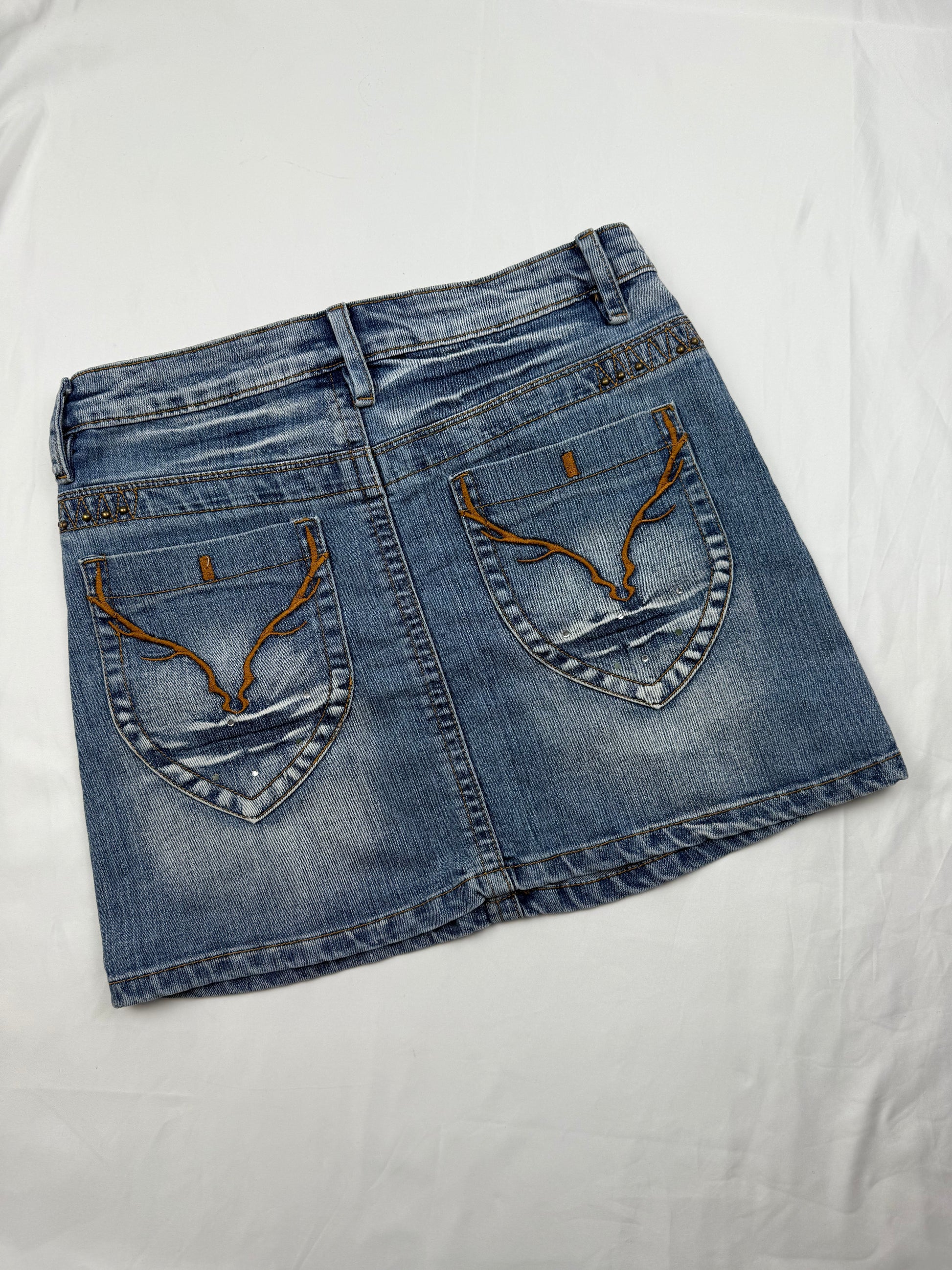 Blue denim low rise mini skirt (S)